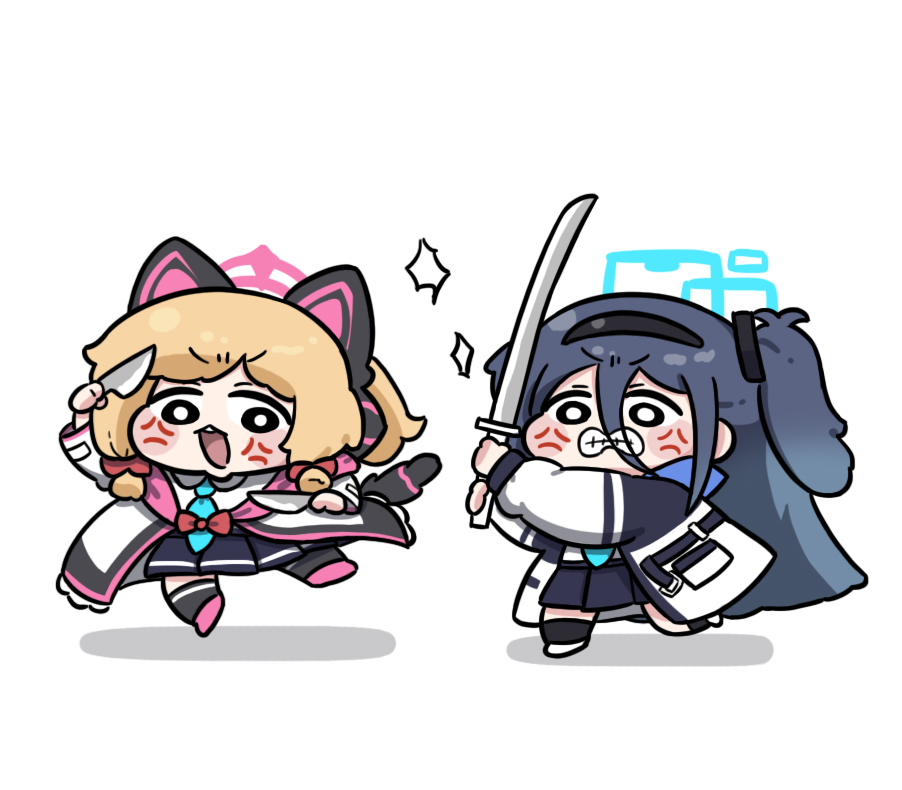 2girls absurdly_long_hair anger_vein animal_ear_headphones animal_ears aris_(blue_archive) beleullin black_hair black_hairband black_skirt black_socks black_thighhighs blonde_hair blue_archive blue_halo blue_necktie bow chibi clenched_teeth collared_shirt death_momoi_(meme) dual_wielding fake_animal_ears full_body hair_bow hairband halo headphones holding holding_knife holding_sword holding_weapon jacket katana knife long_hair long_sleeves meme momoi_(blue_archive) multiple_girls necktie one_side_up open_clothes open_jacket pink_footwear pink_halo pleated_skirt red_bow shirt shoes short_hair simple_background skirt socks sword teeth thighhighs very_long_hair weapon white_background white_footwear white_jacket white_shirt