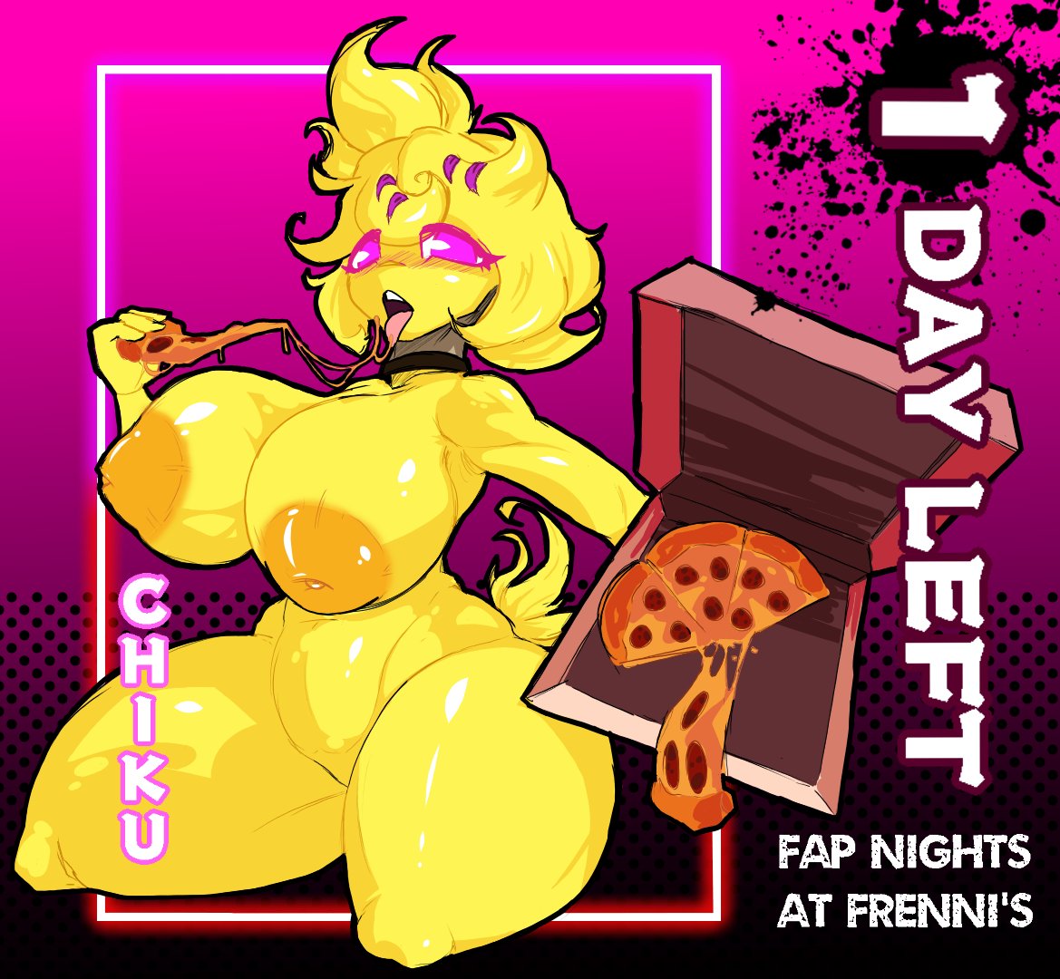 animatronic anthro avian bird blonde_hair chica_(cally3d) chica_(fnaf) chicken clothing female five_nights_at_freddy's food fredina's_nightclub galliform gallus_(genus) genitals hair machine nipples nude phasianid pink_eyes pizza pizza_box pussy robot scottgames solo stormkinght tongue tongue_out yellow_body