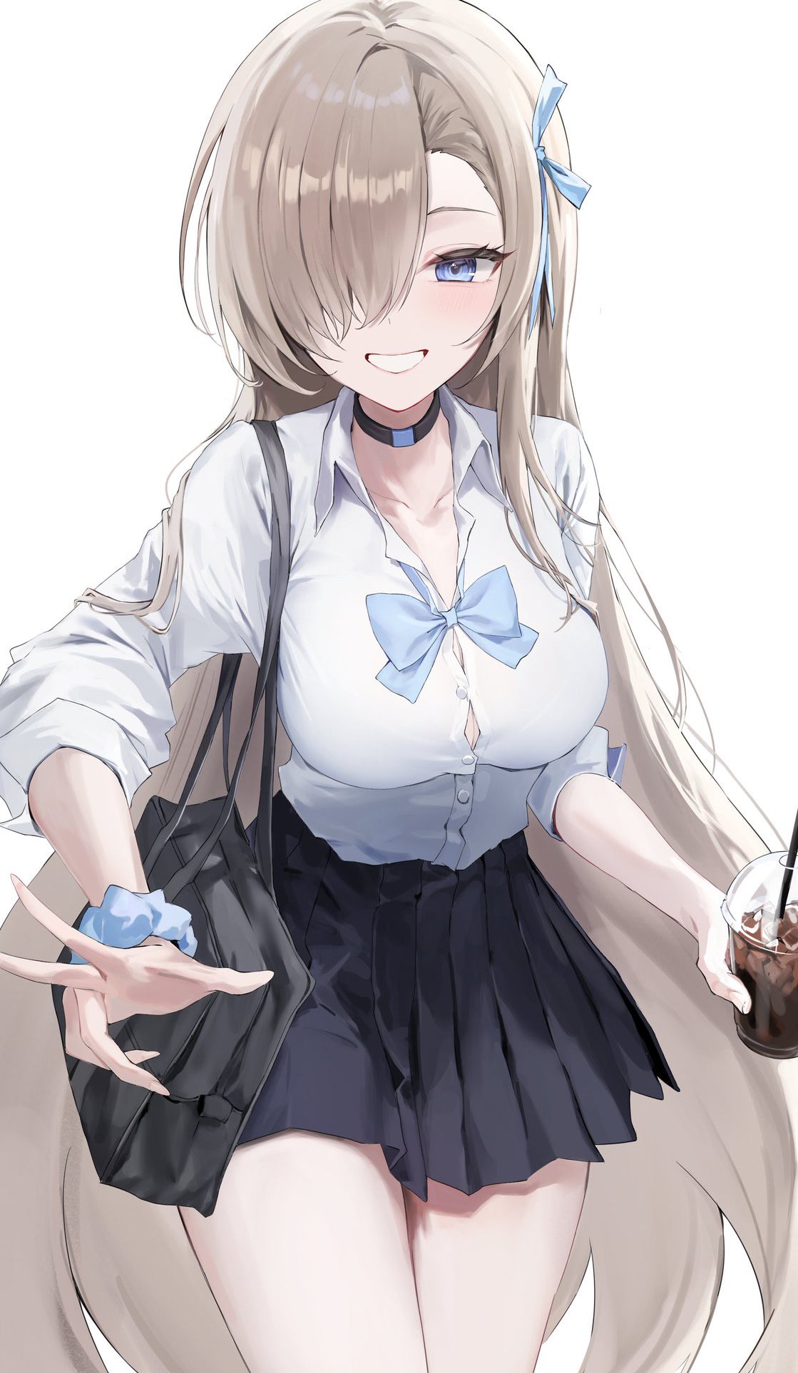 1girl asuna_(blue_archive) bag black_bag black_choker black_skirt blue_archive blue_bow blue_bowtie blue_eyes blue_ribbon blue_scrunchie bow bowtie breasts choker collared_shirt cup disposable_cup drink drinking_straw grin hair_over_one_eye hair_ribbon highres holding holding_cup holding_drink large_breasts light_brown_hair long_hair long_sleeves looking_at_viewer one_eye_covered pleated_skirt ribbon school_bag school_uniform scrunchie shirt simple_background skirt sleeves_rolled_up smile solo v very_long_hair white_background white_shirt wrist_scrunchie yukhoe_(kaje7pi)