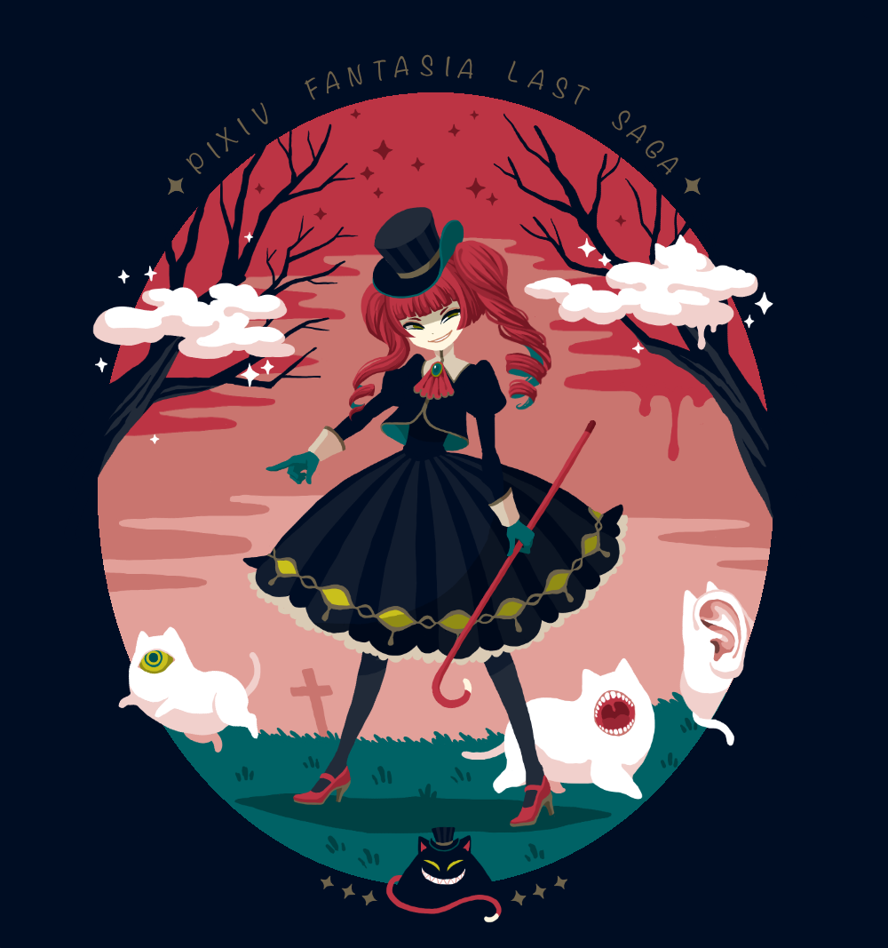 1girl animal ascot black_border black_dress black_footwear black_jacket border cane cat cloud copyright_name dress drill_hair frilled_dress frills gloves grass grave green_gloves green_hair hat holding holding_cane index_finger_raised jacket long_sleeves monster multicolored_hair nona_drops original pixiv_fantasia pixiv_fantasia_last_saga puffy_long_sleeves puffy_sleeves red_ascot red_footwear red_hair red_sky shadow sky smile sparkle standing top_hat tree twin_drills twintails two-tone_hair yellow_eyes