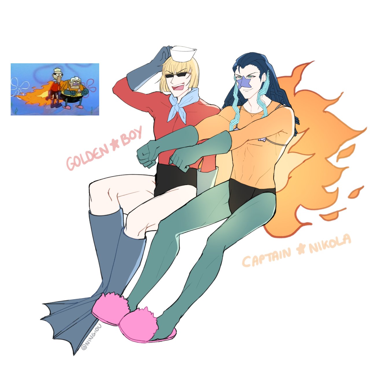 barnacle_boy barnacle_boy_(cosplay) blonde_hair blue_hair character_name commentary cosplay fate/grand_order fate_(series) fire gloves highres kyou_(ningiou) long_hair mermaid_man mermaid_man_(cosplay) multiple_boys nikola_tesla_(fate/grand_order) pantyhose pink_footwear sakata_kintoki_(fate/grand_order) shell shell_bikini signature slippers smile spongebob_squarepants twitter_username white_background