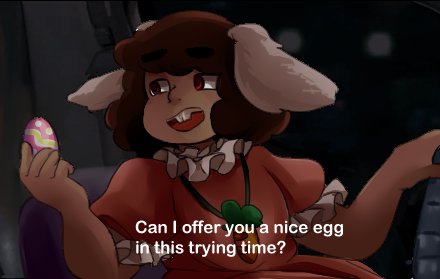 :d animal_ears arms_up brown_hair buck_teeth bunny_ears carrot_necklace collar commentary dress duplicate easter_egg egg english eyebrows_visible_through_hair frank_reynolds frilled_collar frilled_sleeves frills holding holding_egg inaba_tewi it's_always_sunny_in_philadelphia jewelry kia_(rnarch-hare) looking_to_the_side lowres meme necklace open_mouth parody pink_dress puffy_short_sleeves puffy_sleeves red_eyes short_hair short_sleeves sitting smile solo subtitled teeth thick_eyebrows touhou upper_body