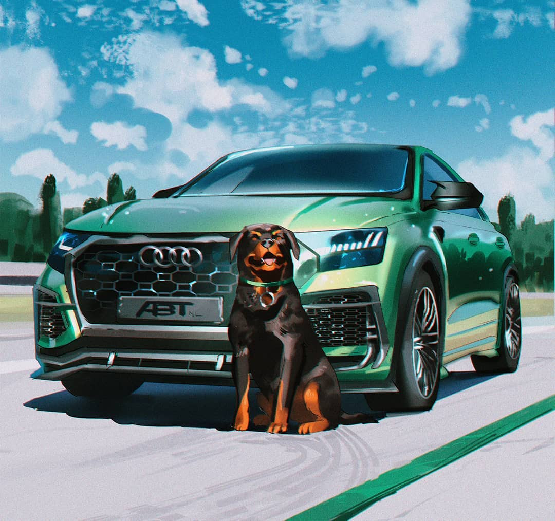 animal_focus audi audi_q8 audi_rs_q8 brown_eyes chop_(gta_v) cloud collar dog english_commentary grand_theft_auto grand_theft_auto_v green_collar marta_danecka no_humans open_mouth shadow sky smile sports_utility_vehicle vehicle_focus