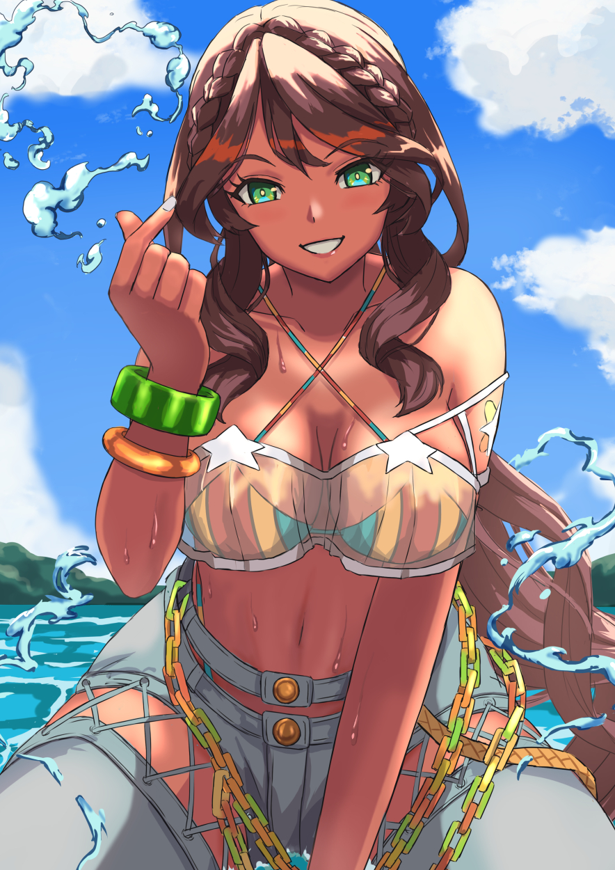 1girl andromeda_(fate) andromeda_(second_ascension)_(fate) bandeau bare_shoulders bikini bikini_under_clothes blue_sky bracelet braid breasts brown_hair chain cleavage criss-cross_halter cross-laced_clothes crown_braid dark-skinned_female dark_skin denim fate/grand_order fate_(series) green_eyes grey_pants grin halterneck highleg highleg_bikini highres jeans jewelry ksfactory large_breasts long_hair looking_at_viewer low_ponytail multicolored_bikini multicolored_clothes navel pants rainbow_bikini see-through sidelocks sky smile solo swimsuit water