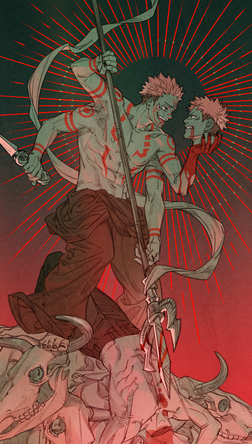 2boys akakokko_(niro_azarashi) animal_skull arm_tattoo blood blood_on_hands blood_on_weapon chest_tattoo collarbone decapitation extra_arms extra_eyes fingernails grimace highres holding holding_knife holding_polearm holding_weapon itadori_yuuji jujutsu_kaisen knife looking_at_another male_focus multiple_boys navel pants pectorals polearm red_eyes ryoumen_sukuna_(jujutsu_kaisen) sharp_fingernails short_hair tattoo tongue tongue_out topless_male undercut weapon