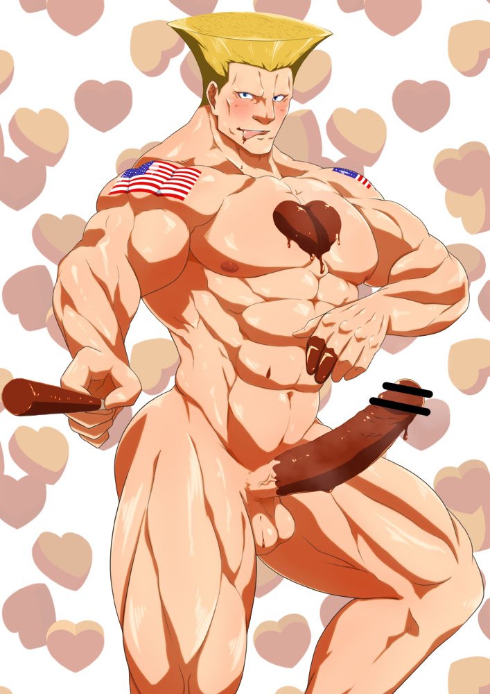 1boy abs arm_tattoo ass bar_censor bara blonde_hair blue_eyes blush candy censored chocolate chocolate_on_body chocolate_on_penis chocolate_syrup erection feet_out_of_frame food food_on_body guile heart heart-shaped_chocolate huge_penis karakuraax large_pectorals looking_at_viewer male_focus manly mature_male muscular muscular_male nipples pectorals penis pocky smirk solo street_fighter tattoo testicles thick_arms thick_thighs thighs tongue tongue_out white_background