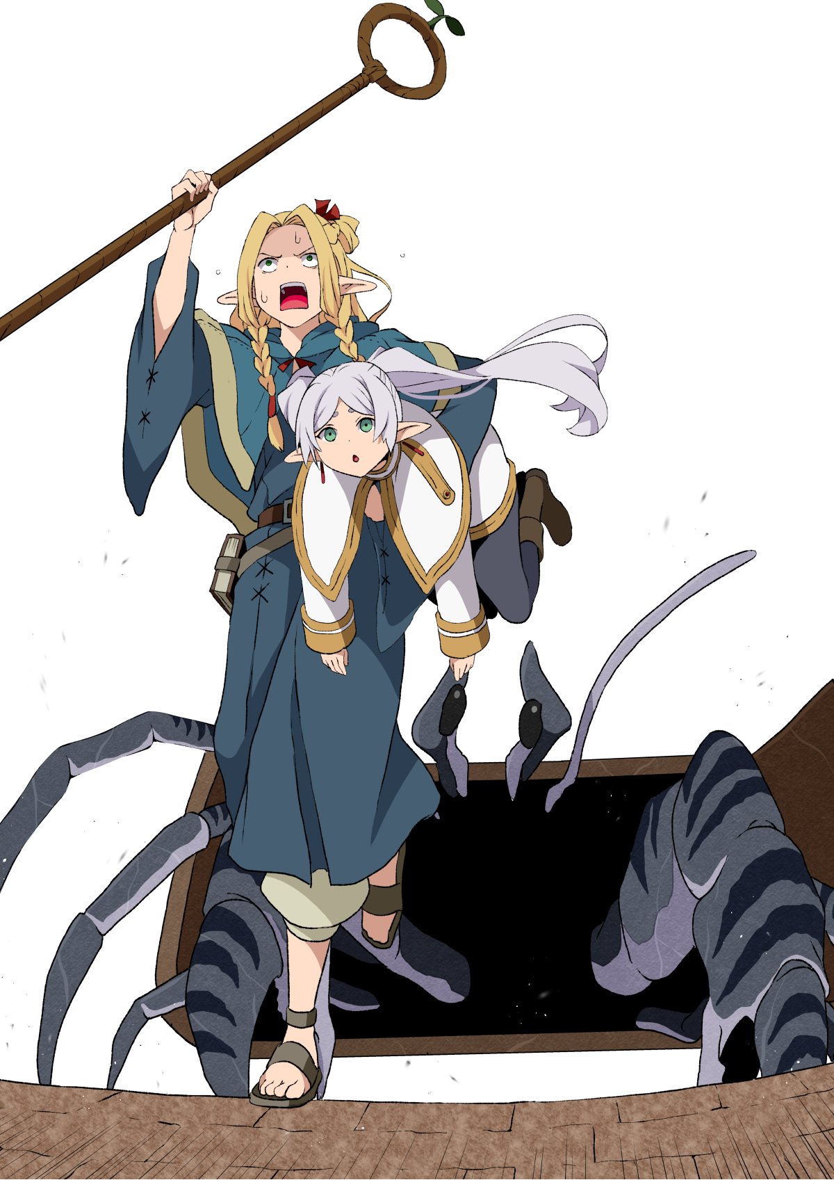 2girls blonde_hair book boots capelet dungeon_meshi elf fleeing frieren green_eyes highres lifting_person long_hair marceline_abadeer mimic monster multiple_girls pants pointy_ears robe running sandals simple_background sousou_no_frieren staff sweat sweatdrop twintails white_background white_hair yasehattagi