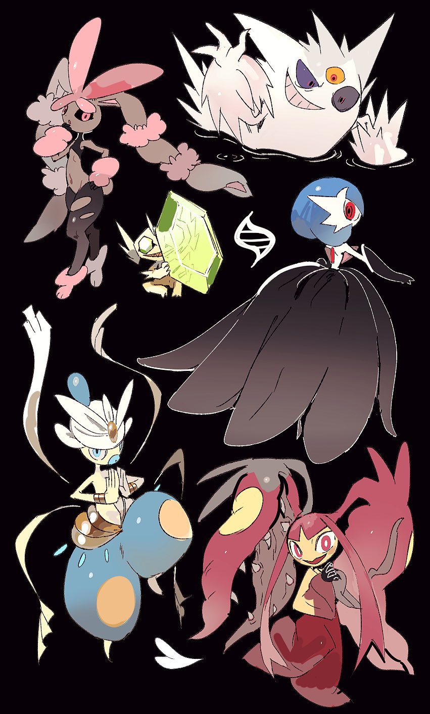 alternate_color black_background black_dress black_eyes black_sclera blue_hair bright_pupils brown_fur colored_sclera colored_skin commentary dress gardevoir gengar highres homilmugi looking_at_viewer lopunny mawile medicham mega_evolution_symbol mega_gardevoir mega_gengar mega_lopunny mega_mawile mega_medicham mega_sableye navel pink_eyes pokemon pokemon_(creature) purple_sclera red_eyes sableye sharp_teeth shiny_pokemon simple_background standing standing_on_one_leg teeth third_eye white_pupils white_skin yellow_sclera