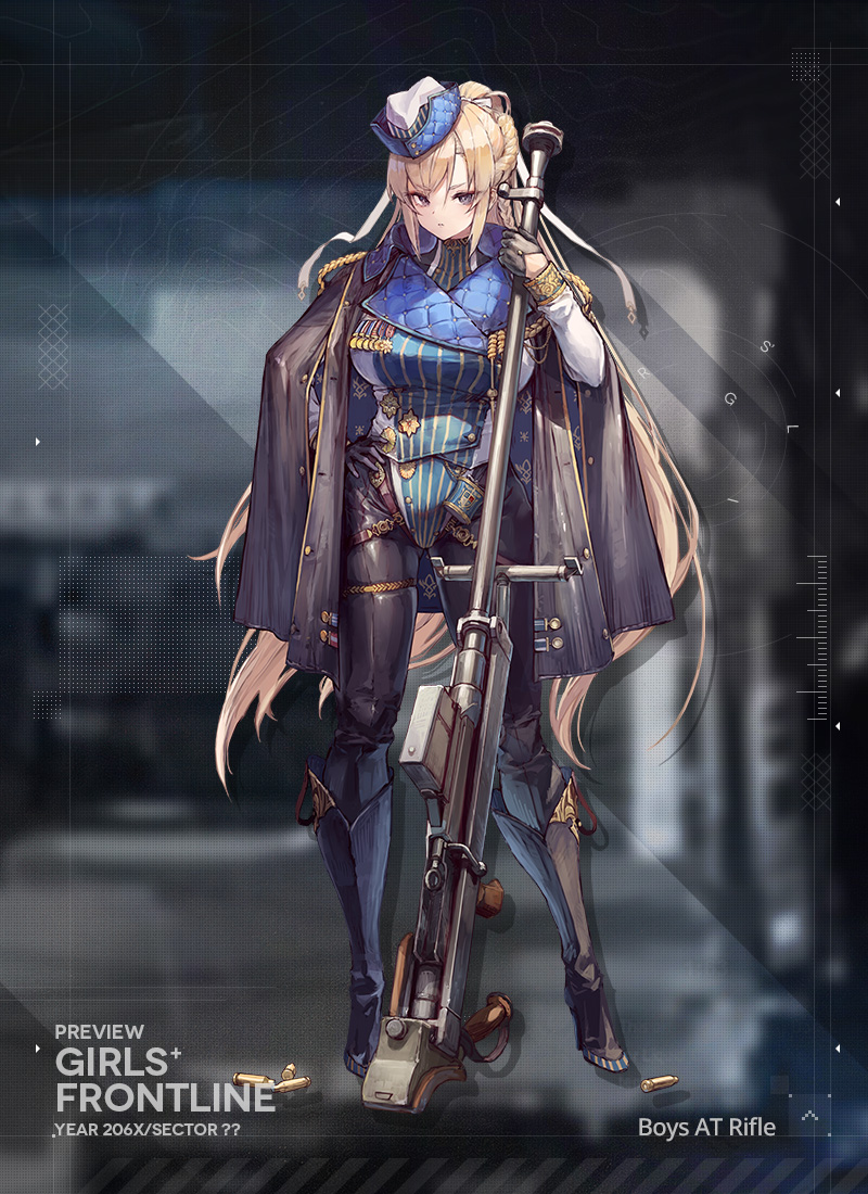 1girl anti-materiel_rifle black_eyes black_footwear black_gloves black_jacket black_pants blonde_hair blue_headwear boots boys_(girls'_frontline) boys_anti_tank_rifle braid character_name closed_mouth commentary copyright_name english_commentary french_braid full_body girls'_frontline gloves gun half_gloves hand_on_own_hip hat holding holding_gun holding_weapon jacket jacket_on_shoulders knee_boots leotard long_hair long_sleeves looking_at_viewer medal multicolored_clothes multicolored_headwear multicolored_leotard official_art pants rifle second-party_source shell_casing sniper_rifle solo standing striped_clothes striped_leotard suzuno_(bookshelf) vertical-striped_clothes vertical-striped_leotard very_long_hair weapon white_headwear white_leotard