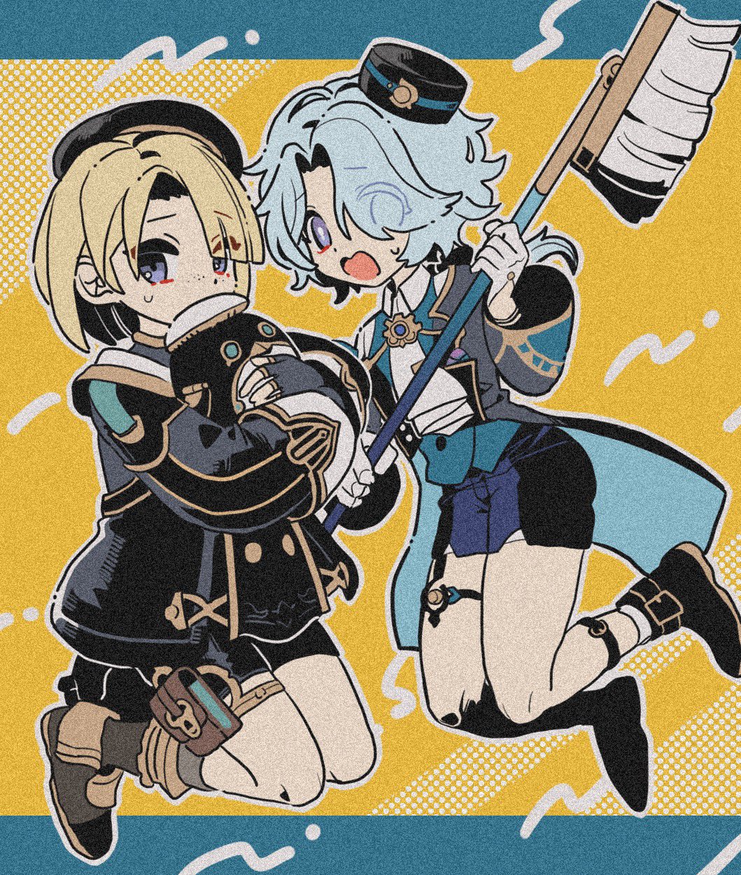 2boys black_footwear black_headwear black_shorts blonde_hair blue_hair crossover fingerless_gloves freckles freminet_(genshin_impact) full_body genshin_impact gloves hair_over_one_eye hat highres holding holding_mop honkai:_star_rail honkai_(series) jacket light_blue_hair long_sleeves looking_at_viewer male_focus misha_(honkai:_star_rail) mop mugime_(oretekisunshine) multiple_boys open_mouth pers_(genshin_impact) shoes shorts simple_background sweat white_gloves