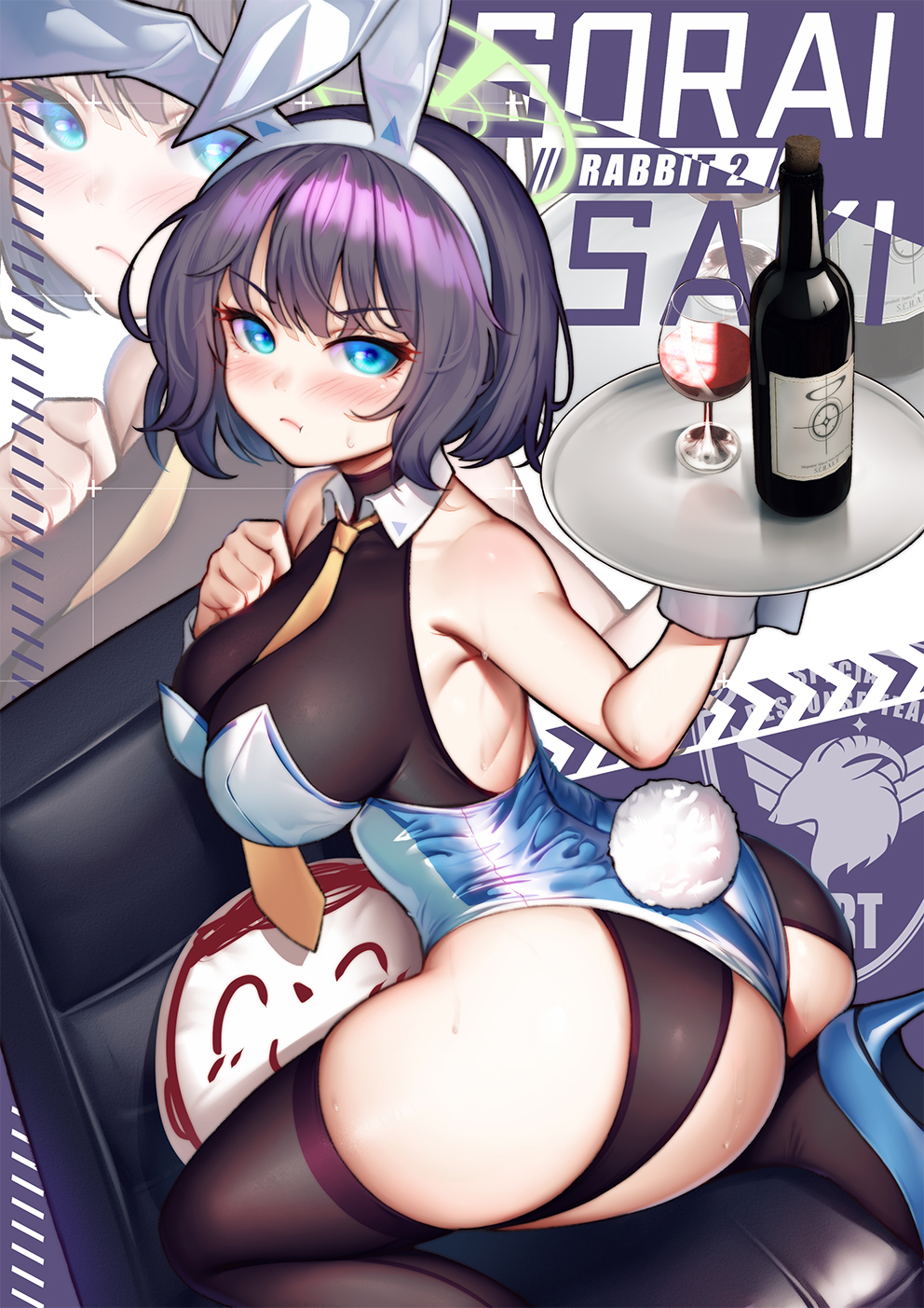 1girl alcohol animal_ears ass black_hair blue_archive blue_eyes blush bottle breasts closed_mouth cup doodle_sensei_(blue_archive) drinking_glass eien_no_24-sai_no_shakai_hito fake_animal_ears fake_tail highres holding holding_tray large_breasts leotard looking_at_viewer rabbit_ears rabbit_tail saki_(blue_archive) sensei_(blue_archive) short_hair solo strapless strapless_leotard tail tray wine wine_bottle wine_glass zoom_layer