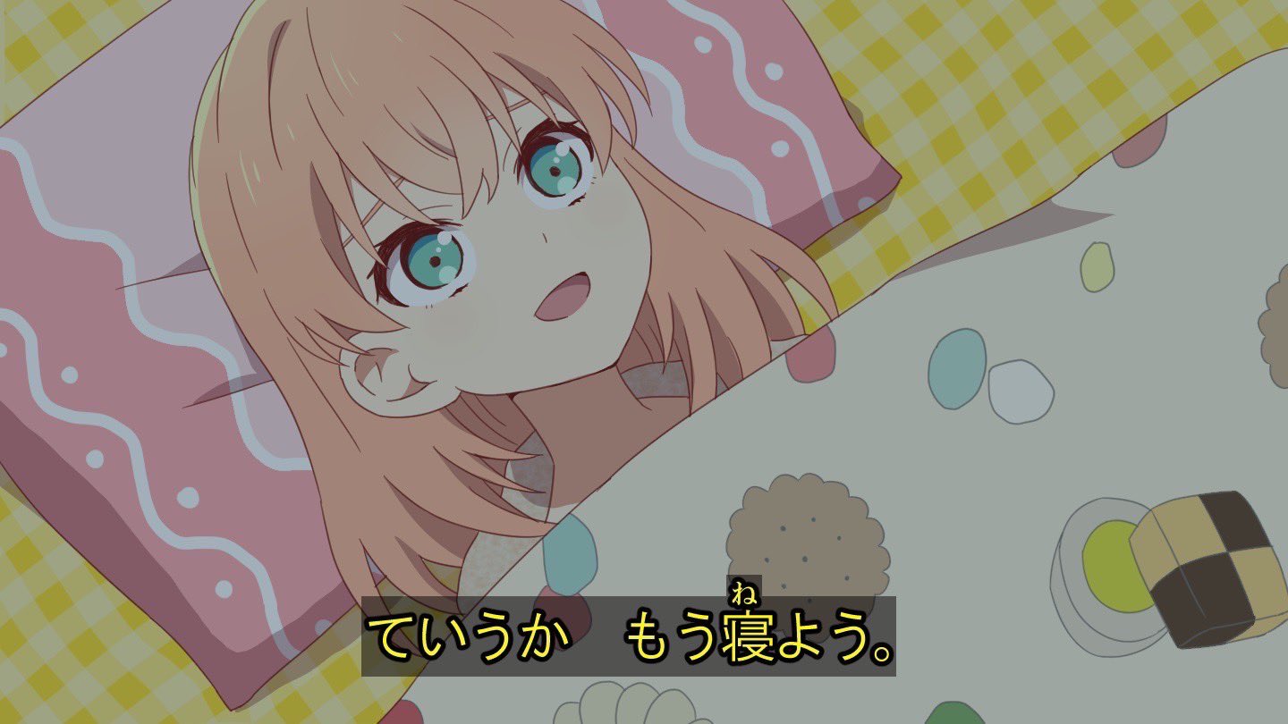 1girl biscuit_(bread) checkerboard_cookie cookie fake_screenshot food food_print green_eyes head_on_pillow hinoshita_kaho link!_like!_love_live! looking_up love_live! lying makki_do medium_hair on_back open_mouth orange_hair pink_pillow subtitled thumbprint_cookie translation_request under_covers