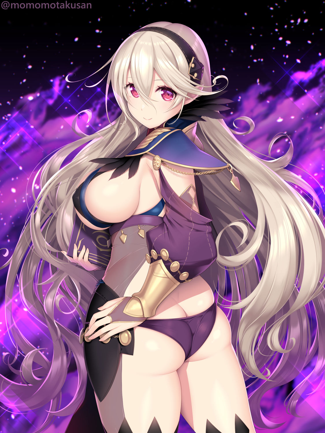 1girl alternate_costume ass black_background black_hairband black_panties bodystocking breasts butt_crack cleavage commentary_request corrin_(female)_(fire_emblem) corrin_(fire_emblem) dark_mage_(fire_emblem_fates) fire fire_emblem fire_emblem_fates grey_hair hair_ornament hairband highres kashiwamochi_yomogi large_breasts long_hair long_sleeves looking_at_viewer looking_back no_cape panties pointy_ears purple_fire red_eyes sideboob simple_background solo twitter_username underwear