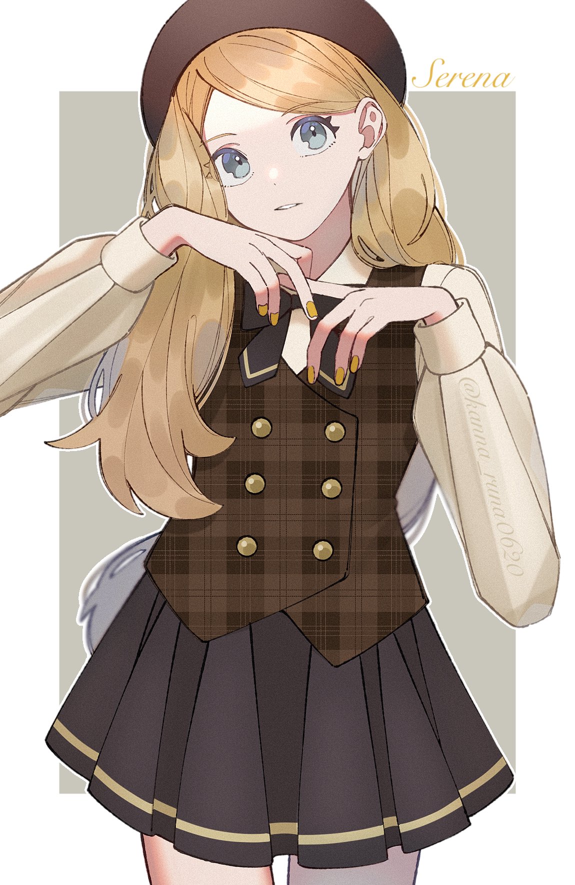 1girl alternate_costume beret blonde_hair border brown_headwear brown_vest buttons character_name commentary_request cowboy_shot eyelashes grey_eyes hands_up hat highres kana_(kanna_runa0620) long_hair long_sleeves looking_at_viewer nail_polish outside_border parted_lips pleated_skirt pokemon pokemon_xy serena_(pokemon) shirt skirt solo vest white_border yellow_nails