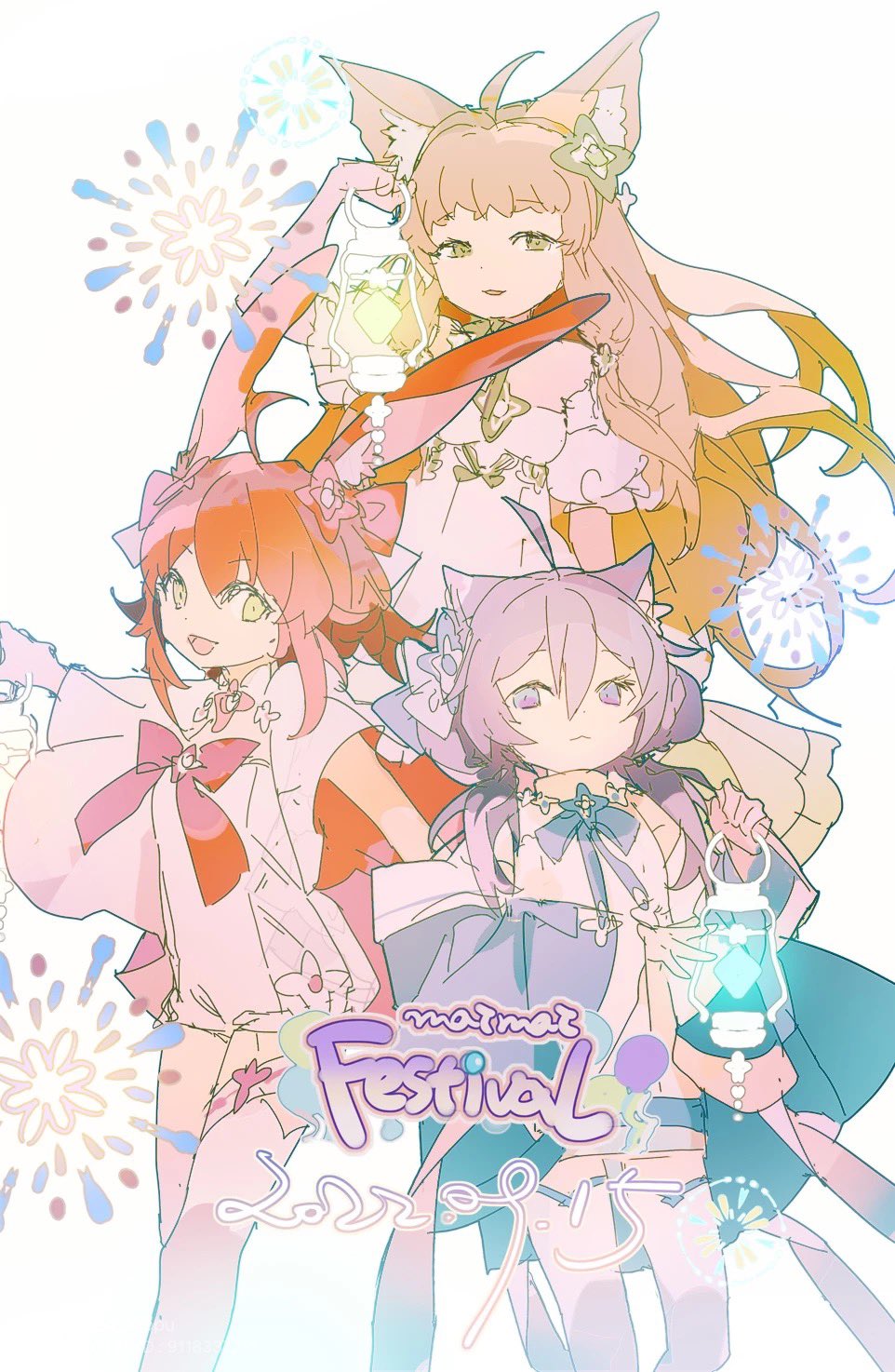 3girls ahoge animal_ear_fluff animal_ears bare_shoulders blonde_hair blunt_bangs bow bowtie capelet cat_ears chiffon_(maimai) closed_mouth copyright_name cowboy_shot dress english_text eyelashes fireworks flower flower_brooch flower_necklace fox_ears hair_bow hair_flower hair_ornament hair_over_shoulder half-closed_eyes highres holding holding_lantern jacket jacket_partially_removed lantern light_frown lobelia_(saclia) long_hair long_sleeves looking_at_viewer low_twintails maimai_(game) microskirt midriff multiple_girls navel open_mouth orange_capelet outstretched_arms parted_lips puffy_short_sleeves puffy_sleeves purple_bow purple_bowtie purple_eyes purple_flower purple_hair purple_jacket purple_skirt purple_sleeves rabbit_ears ras_(maimai) red_bow red_bowtie red_flower red_hair salt_(maimai) shirt short_dress short_hair_with_long_locks short_sleeves simple_background single_thighhigh skirt sleeveless sleeveless_shirt smile thighhighs turtleneck_shirt twintails two-sided_capelet very_long_hair white_background white_capelet white_shirt white_thighhighs wide_sleeves yellow_eyes