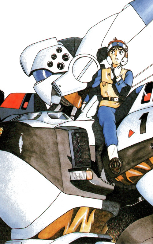 1980s_(style) 1girl alphonse_(av-98_ingram) artist_request av-98_ingram belt boots cockpit concept_art headgear izumi_noa kidou_keisatsu_patlabor light mecha official_art pilot pilot_suit police police_uniform policewoman production_art retro_artstyle robot scan traditional_media uniform upper_body vest