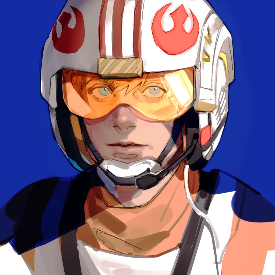 1boy blonde_hair blue_background blue_eyes bodysuit btraven cable closed_mouth goggles hair_between_eyes helmet lips looking_afar luke_skywalker male_focus microphone orange-tinted_eyewear orange_bodysuit short_hair simple_background solo standing star_wars star_wars:_a_new_hope tinted_eyewear turtleneck upper_body vest white_vest