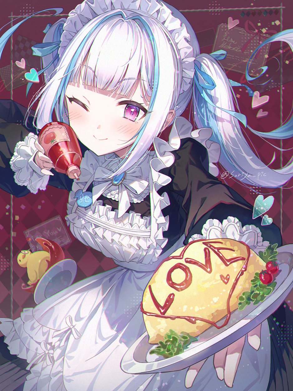 1girl alternate_costume animal-themed_food apron blue_hair blunt_bangs blush bottle cherry_tomato closed_mouth enmaided food food_writing frilled_apron frilled_hairband frills hairband heart highres holding holding_bottle holding_tray ketchup ketchup_bottle lize_helesta lize_helesta_(9th_costume) long_hair long_sleeves looking_at_viewer maid maid_apron maid_headdress multicolored_hair nijisanji omelet omikuji omurice one_eye_closed puffy_long_sleeves puffy_sleeves purple_eyes sidelocks solo soriya streaked_hair tomato tray twintails twitter_username vegetable virtual_youtuber white_apron white_hair white_hairband