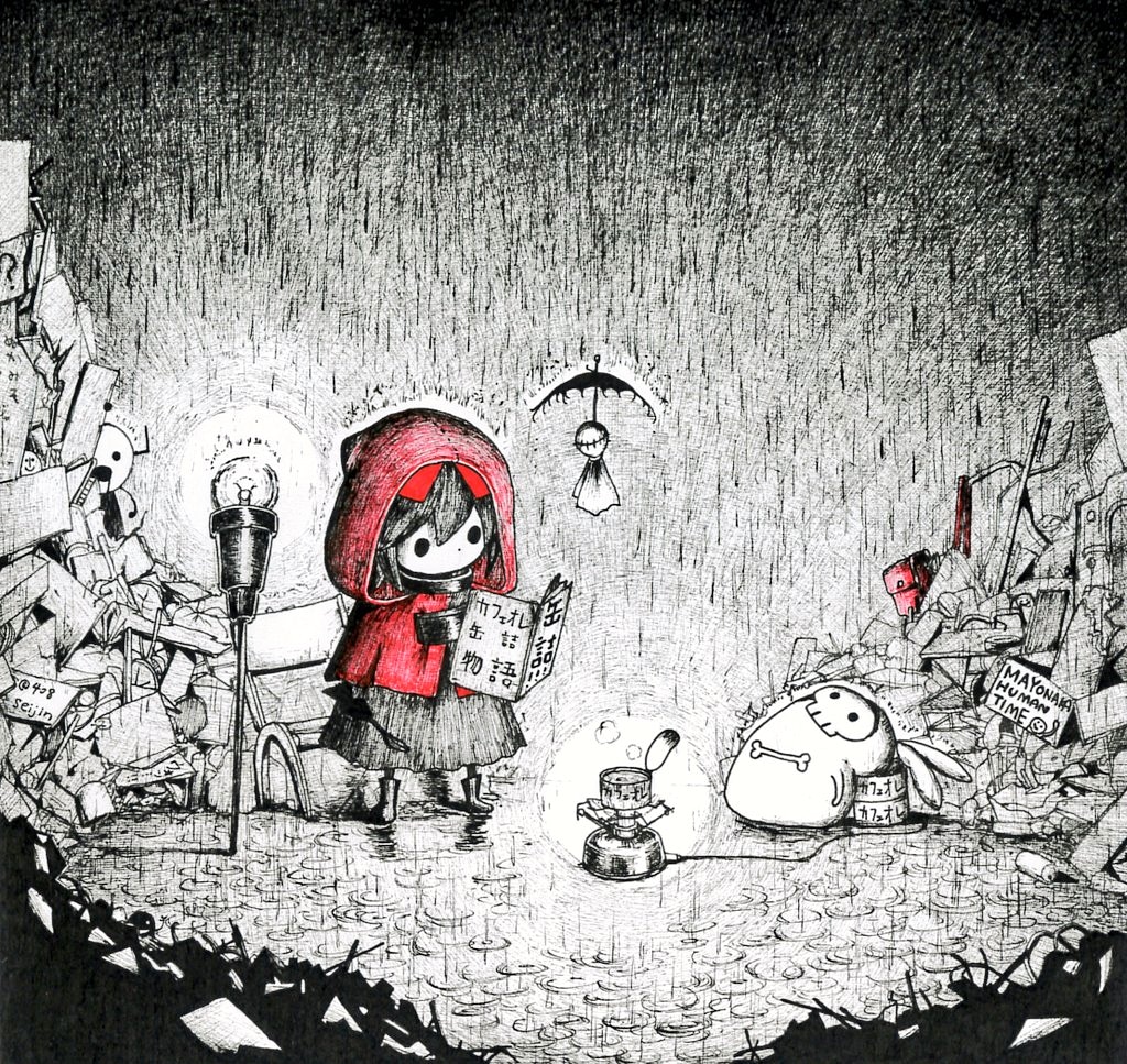 1girl backpacking_stove bag ballpoint_pen_(medium) book boots can canned_food capelet chibi coat_rack commentary_request cooking creature dress floating floating_object greyscale hino_(yatara) holding holding_book holding_spoon hood hood_up hooded_capelet light_bulb mask moni_moni_skeleton_(yatara) monochrome no_mouth open_book original pile_of_trash planted rain reading reclining red_bag red_capelet ripples short_hair skull_mask solid_circle_eyes spoon spot_color staff standing teruterubouzu traditional_media trash unworn_bag wide_shot yatara