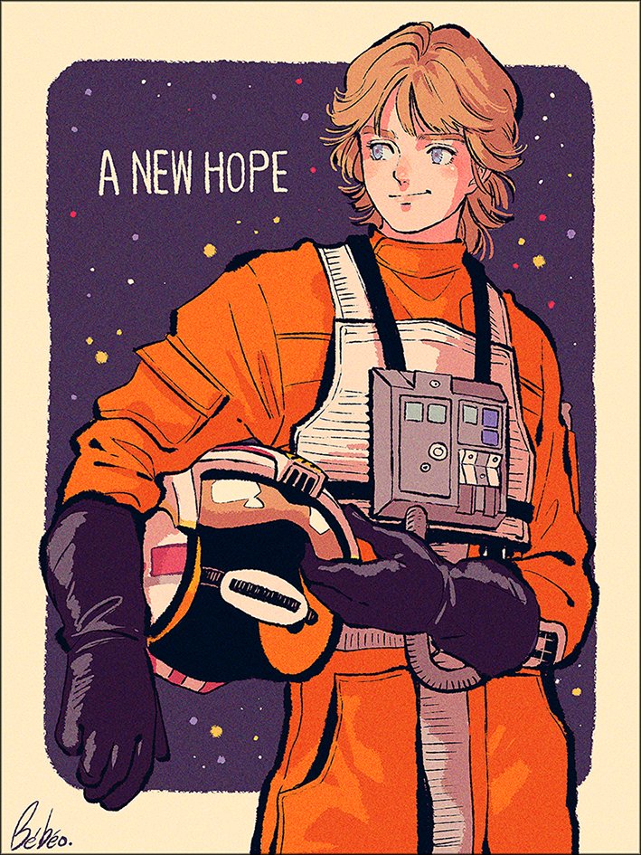 1boy animification artist_name bbo_sy belt black_gloves blonde_hair blue_eyes blush bodysuit border cable closed_mouth copyright_name gloves hand_up helmet holding holding_helmet looking_to_the_side luke_skywalker male_focus orange_bodysuit outside_border pocket purple_background short_hair smile solo standing star_wars star_wars:_a_new_hope unworn_headwear unworn_helmet vest white_belt white_border white_vest