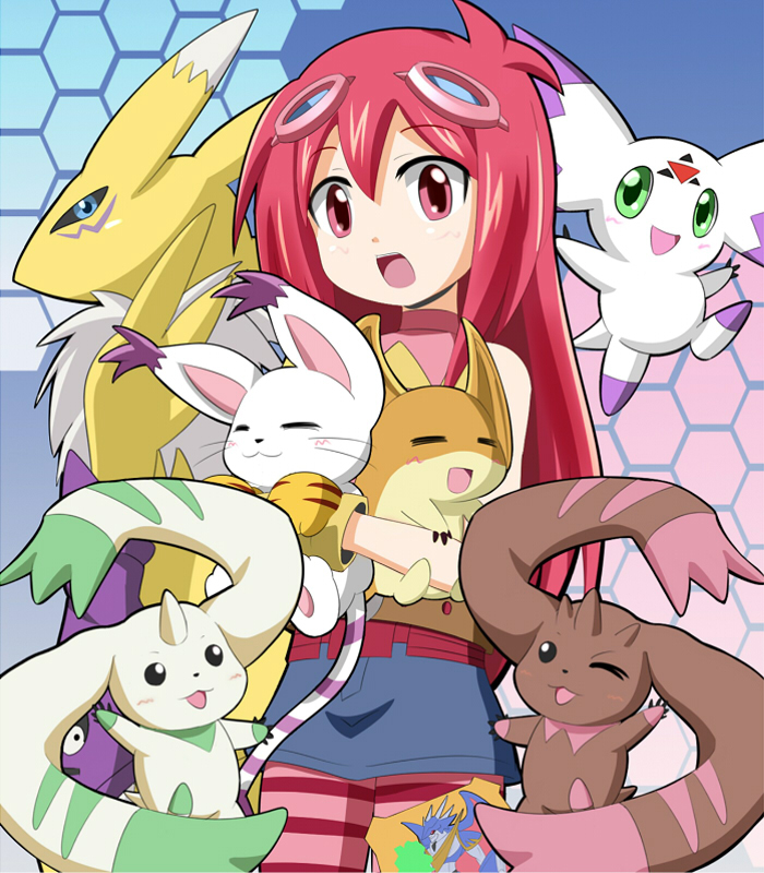 1girl bare_shoulders blue_eyes blue_skirt closed_eyes creature culumon digimon digimon_(creature) digimon_story:_lost_evolution green_eyes hamada_sukaru holding holding_creature honeycomb_(pattern) honeycomb_background kizuna_(digimon) long_hair looking_at_viewer lopmon open_mouth patamon pink_eyes pink_hair pink_shirt renamon shirt skirt tailmon terriermon white_fur yellow_fur