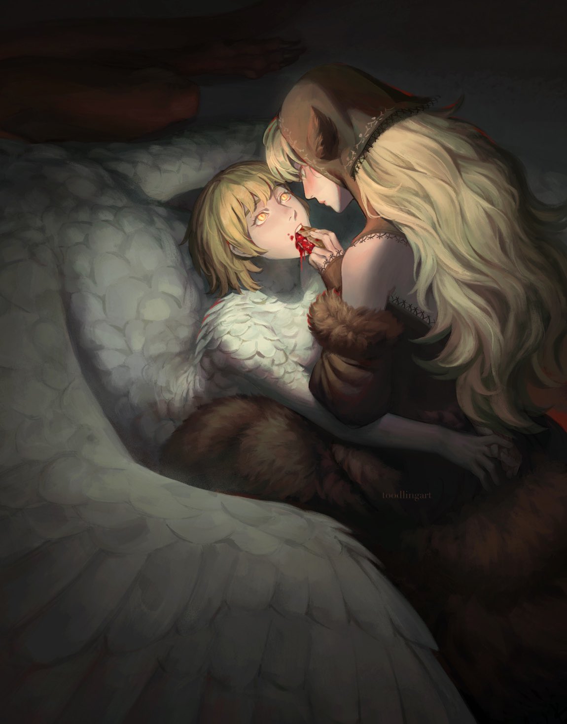 2girls bare_shoulders black_dress black_hood blonde_hair blush body_fur brown_dress brown_headwear centauroid chimera closed_mouth commentary completely_nude detached_hood detached_sleeves dragon_girl dress dungeon_meshi ear_covers elf english_commentary eye_contact falin_thorden feathered_wings feeding food food_on_face from_above fur-trimmed_dress fur-trimmed_sleeves fur_trim green_eyes highres holding holding_food hood hood_up hug lace-trimmed_dress lace-trimmed_headwear lace-trimmed_sleeves lace_trim long_hair looking_at_another looking_down looking_up marcille_donato monster_girl multiple_girls nude official_alternate_costume own_hands_together pie pie_slice pointy_ears short_hair sitting sleeves_past_wrists spoilers taur toodlingart twitter_username wings yellow_eyes yuri