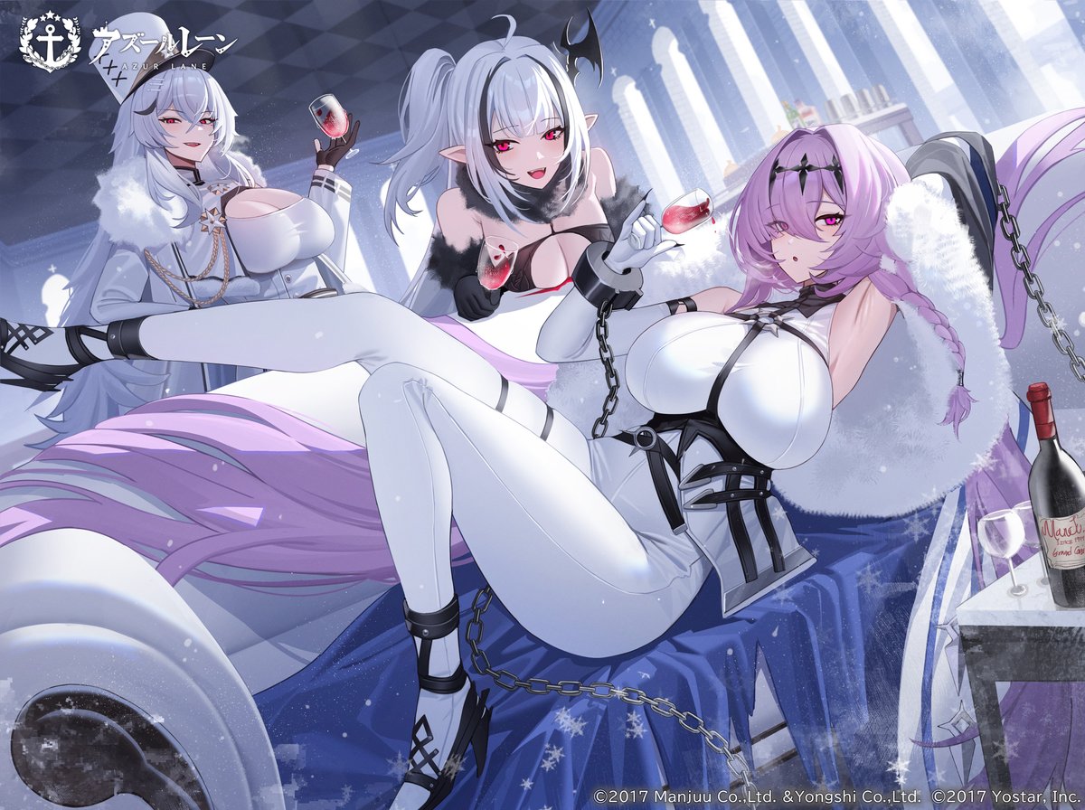 3girls arm_up armpits azur_lane black_gloves black_hair bottle breasts copyright_name couch cup drinking_glass gangut_(azur_lane) gloves hair_between_eyes hair_ornament hat high_heels jeze large_breasts long_hair looking_at_viewer multicolored_hair multiple_girls official_art on_couch pink_eyes pointy_ears poltava_(azur_lane) purple_hair red_eyes second-party_source sevastopol_(azur_lane) shirt sitting small_breasts smile solo streaked_hair thigh_strap thighs very_long_hair white_hair wine_bottle wine_glass