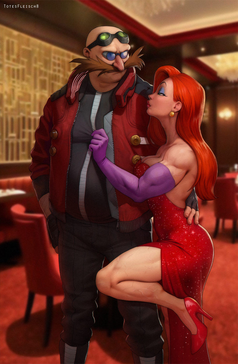 1boy 1girl artist_name black_gloves black_pants blurry blurry_background breasts cleavage crossover dr._eggman dress earrings elbow_gloves english_commentary facial_hair fat fingerless_gloves gloves goggles goggles_on_head high_heels highres indoors jacket jessica_rabbit jewelry lipstick long_hair makeup muscular muscular_female mustache pants purple_gloves red_dress red_hai red_jacket sonic_(series) standing standing_on_one_leg totesfleisch8 who_framed_roger_rabbit