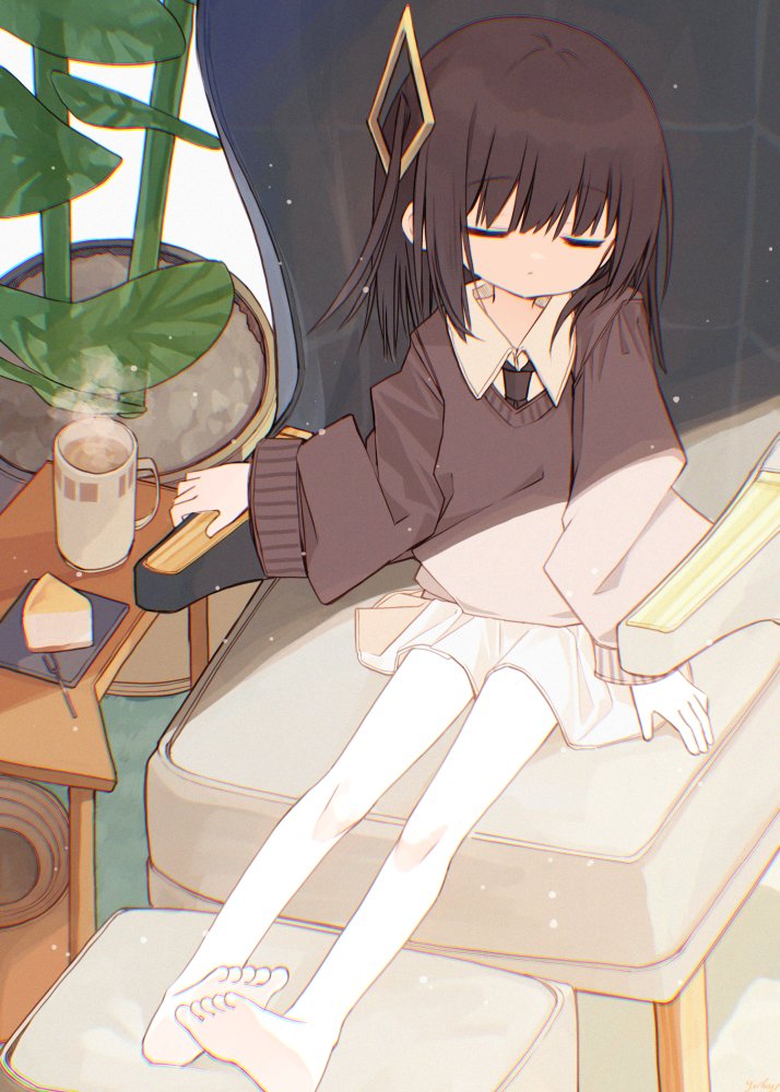 1girl armchair black_hair black_necktie brown_sweater chair closed_eyes closed_mouth collared_shirt commentary_request cup facing_viewer food footrest hair_between_eyes long_sleeves mug necktie on_chair one_side_up original plant potted_plant puffy_long_sleeves puffy_sleeves shiho_(yuuhagi_(amaretto-no-natsu)) shirt sitting skirt sleeves_past_wrists solo steam sweater white_shirt white_skirt yuuhagi_(amaretto-no-natsu)