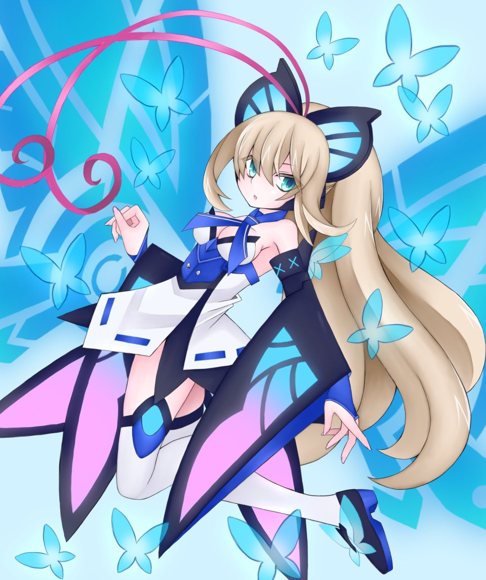 1girl antenna_hair azure_striker_gunvolt blonde_hair bug butterfly butterfly_wings dress energy_wings full_body glowing_butterfly green_eyes high_ponytail insect_wings long_sleeves lumen_(gunvolt) multicolored_hair pink_hair riho_funakubo solo strapless strapless_dress thighhighs two-tone_hair white_dress white_thighhighs wide_sleeves wings