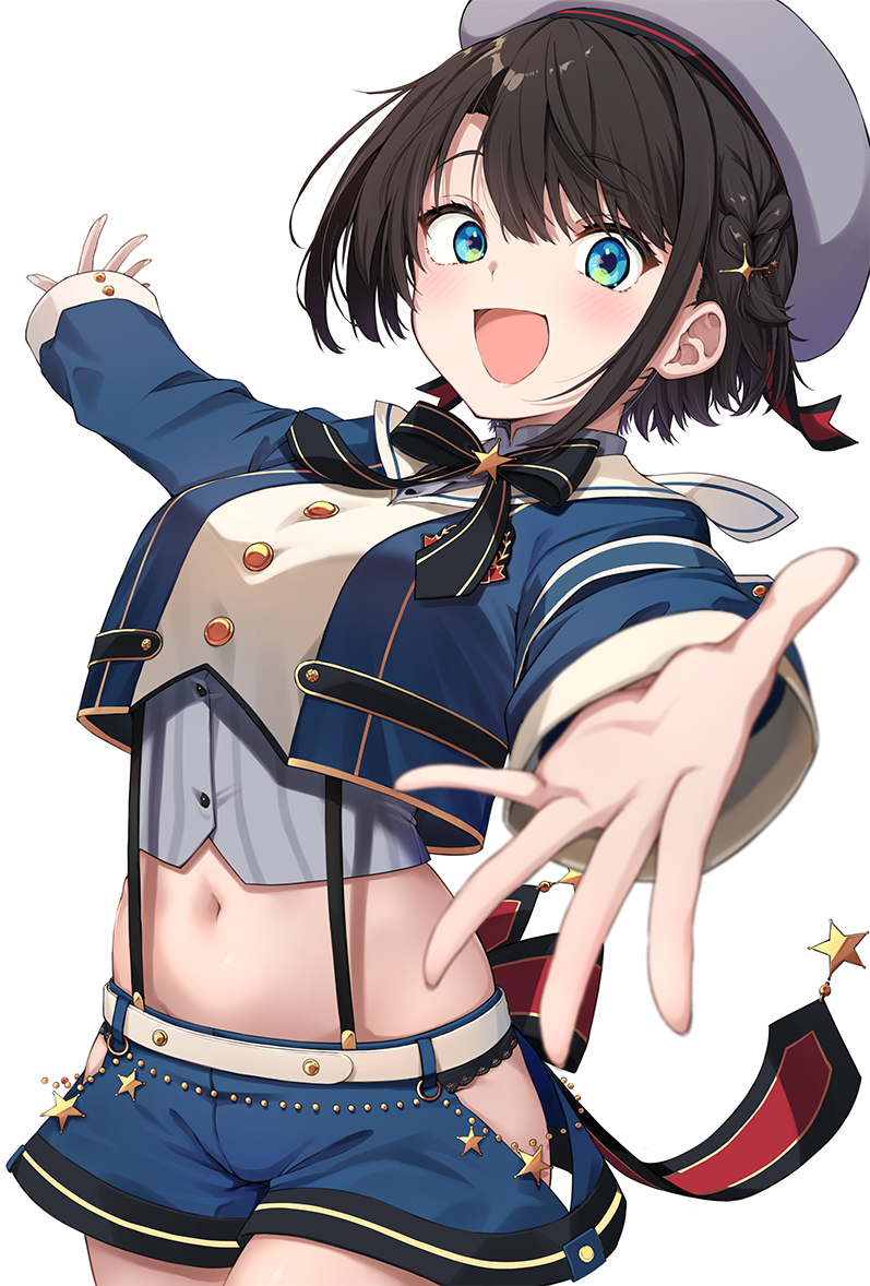 1girl :d aqua_eyes armband back_bow black_bow black_bowtie black_panties blue_armband blue_jacket blue_skirt bow bowtie braid breasts brown_hair buttons collared_shirt commentary_request cropped_jacket cropped_shirt french_braid grey_hat grey_shirt hair_ornament hat hip_vent hololive jacket lace-trimmed_panties lace_trim large_bow long_sleeves looking_at_viewer medium_breasts midriff miniskirt navel official_alternate_costume oozora_subaru oozora_subaru_(work) open_mouth outstretched_arms panties panty_peek pinstripe_pattern pinstripe_shirt reaching reaching_towards_viewer red_bow red_ribbon ribbon sailor_hat shirt short_hair side_braid simple_background skirt sleeve_cuffs smile solo star_(symbol) star_hair_ornament striped_clothes striped_shirt suspender_skirt suspenders swept_bangs underwear uro_(urotanc) vertical-striped_clothes vertical-striped_shirt virtual_youtuber white_background