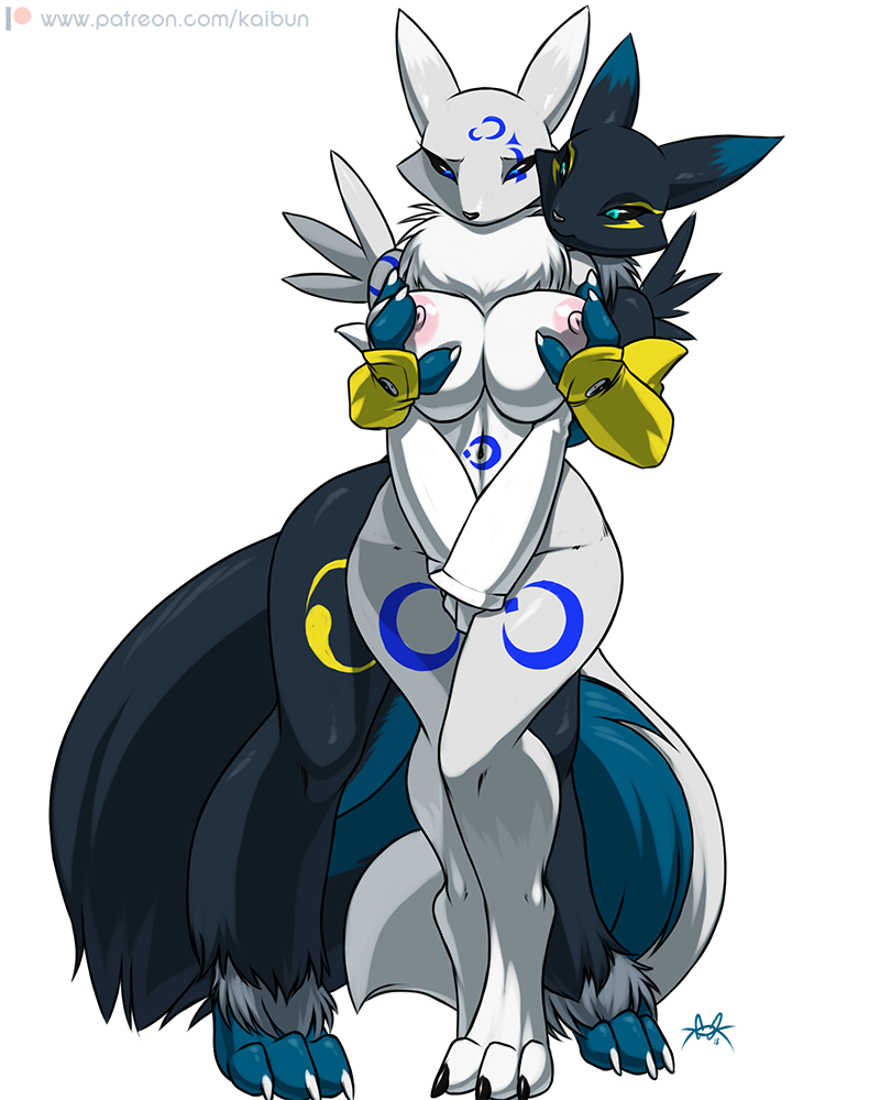 2018 3_fingers alpha_channel alternate_species anthro armwear big_breasts black_sclera blue_eyes breast_grab breasts bridal_gauntlets clothing covering covering_crotch digimon dipstick_ears duo female female/female fluffy fluffy_tail fur furball fysi grabbing_from_behind hand_on_breast mostly_nude navel neck_tuft nipples renamon simple_background transparent_background tuft vulpamon white_fur yin_yang