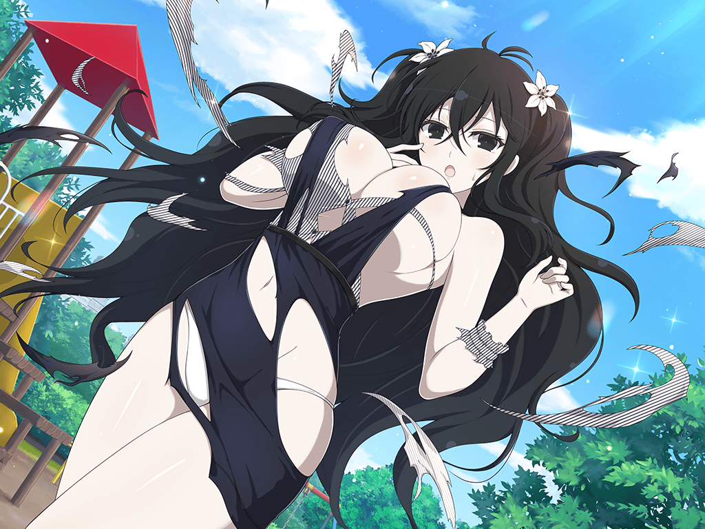 1girl :o april_fools black_eyes black_hair breasts cleavage cloud cloudy_sky day dress flower forest fubuki_(senran_kagura) growth hair_flower hair_ornament jungle_gym large_breasts light_blush lily_(flower) long_hair nature navel non-web_source official_art open_mouth pale_skin panties pantyshot playground senran_kagura senran_kagura_new_link sky solo sunlight surprised sweatdrop torn_clothes tree twintails underwear wavy_hair white_flower white_lily white_panties