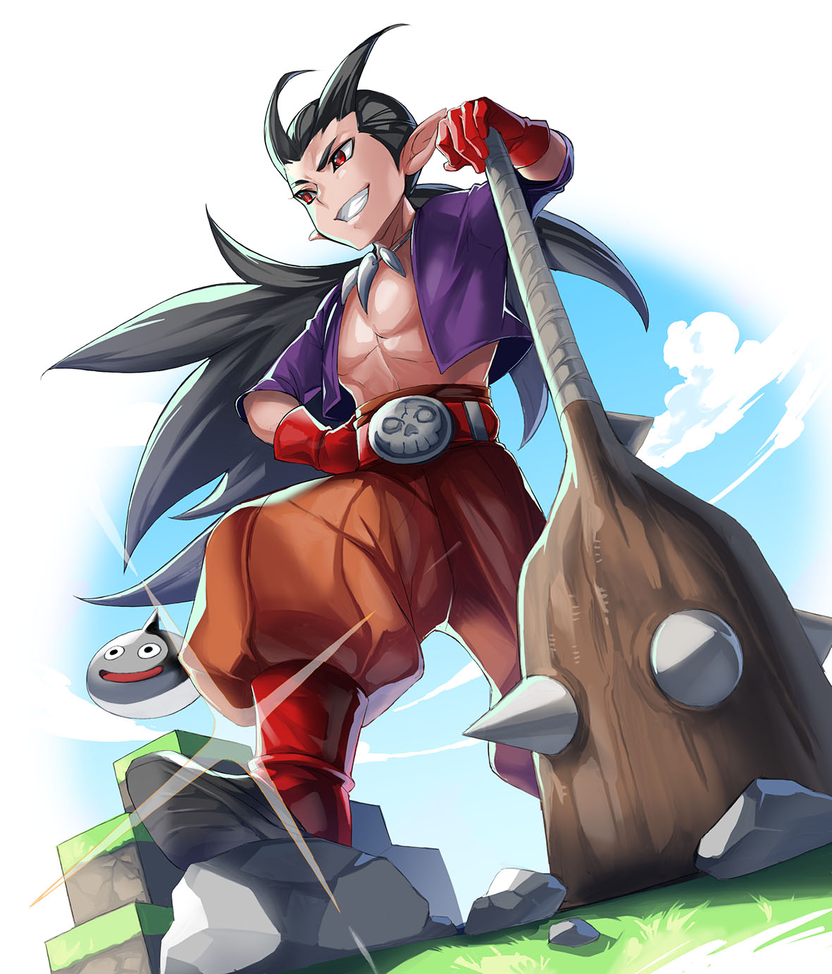 1boy 1other belt bone_necklace boots club_(weapon) dragon_quest dragon_quest_builders_2 gloves grass grin hand_on_own_hip highres jacket katsutake long_hair outdoors pointy_ears puffy_pants purple_jacket red_eyes red_footwear red_gloves rock sidoh_(dqb2) slime_(dragon_quest) smile spiked_club standing sunlight teeth weapon