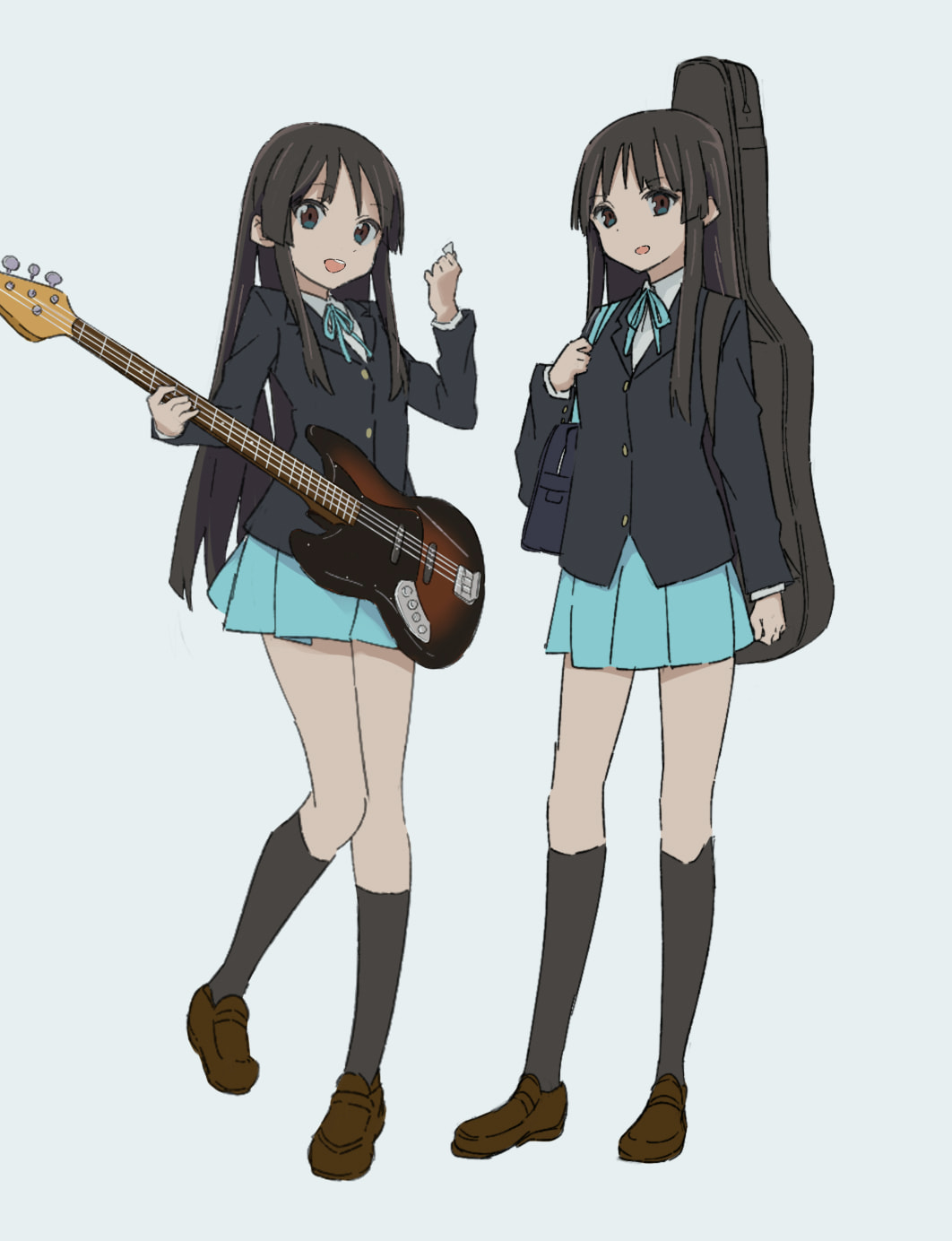 1girl akiyama_mio bag black_bag black_eyes black_hair black_jacket blazer blue_ribbon blue_skirt brown_footwear clenched_hand clone collared_shirt commentary full_body grey_socks guitar guitar_case highres holding holding_instrument indonesian_commentary instrument instrument_case jacket k-on! kneehighs kurokobokan left-handed loafers long_hair long_sleeves looking_at_viewer neck_ribbon open_mouth pleated_skirt ribbon sakuragaoka_high_school_uniform school_bag school_uniform shirt shoes sidelocks skirt socks standing standing_on_one_leg white_background white_shirt