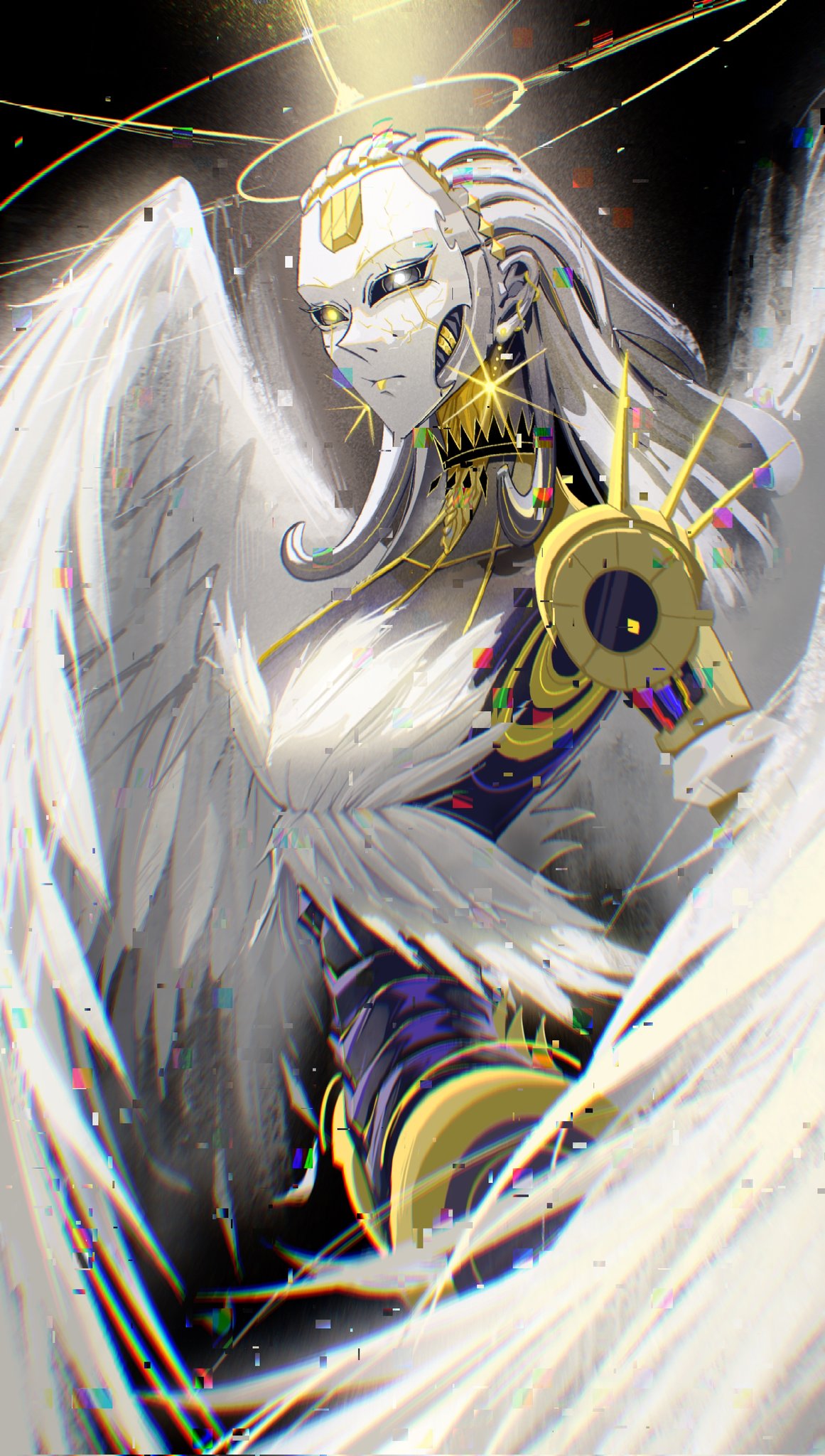 1girl android angel_wings animification apex_legends artificial_eye ash_(titanfall_2) black_sclera chinese_commentary chromatic_aberration colored_sclera cracked_skin danieldanlllll earrings from_side glitch glowing glowing_eyes grey_hair halo heterochromia highres jewelry long_hair looking_at_viewer mechanical_eye metal_skin redesign white_eyes wings yellow_eyes