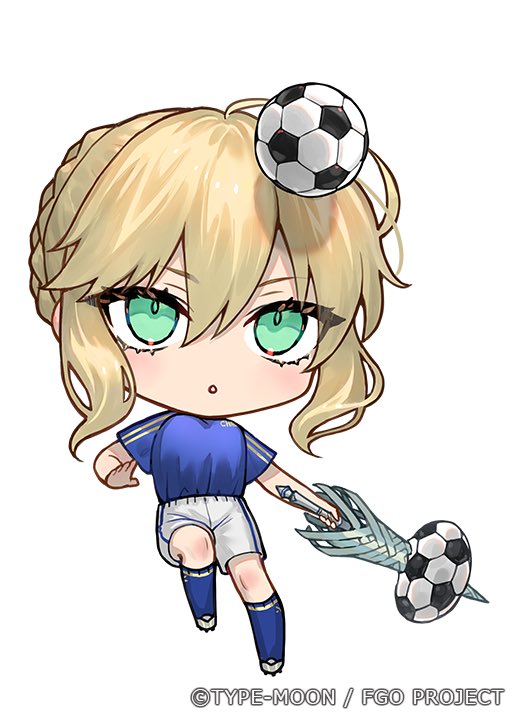 1girl artoria_pendragon_(fate) artoria_pendragon_(lancer)_(fate) ball blonde_hair blue_shirt blue_socks chestnut_mouth chibi fate/grand_order fate_(series) green_eyes hair_between_eyes holding holding_polearm holding_weapon kneehighs looking_up nipi27 official_art parted_lips polearm shirt short_sleeves shorts simple_background soccer_ball socks solo weapon white_background white_shorts