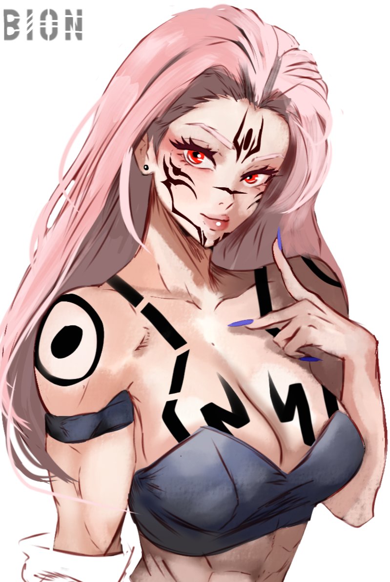 1girl arm_tattoo bra breasts chest_tattoo cleavage facial_tattoo genderswap genderswap_(mtf) jujutsu_kaisen long_hair muscular muscular_female nail_polish red_eyes ryoumen_sukuna_(jujutsu_kaisen) shoulder_tattoo simple_background tattoo underwear vcais white_background