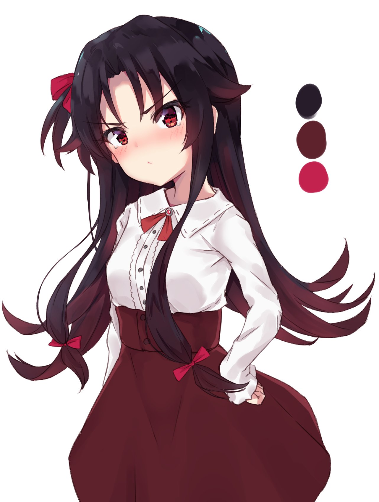 bangs black_hair blush bow bowtie closed_mouth collared_shirt color_guide eyebrows_visible_through_hair gradient_hair high-waist_skirt highres long_hair long_sleeves looking_at_viewer minikon multicolored_hair parted_bangs red_eyes red_hair red_neckwear red_skirt ryuuou_no_oshigoto! shirt simple_background skirt solo upper_body v-shaped_eyebrows white_background white_shirt wing_collar yashajin_ai