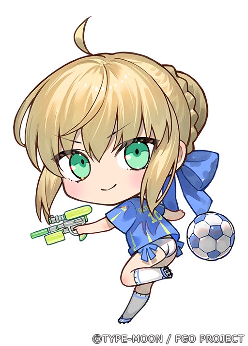 1girl ahoge artoria_pendragon_(fate) artoria_pendragon_(swimsuit_archer)_(fate) ball blonde_hair blue_bow blue_shirt bow braid chibi closed_mouth fate/grand_order fate_(series) from_behind green_eyes hair_between_eyes hair_bow holding holding_water_gun kneehighs looking_at_viewer looking_back nipi27 official_art shirt sidelocks simple_background smile soccer_ball socks water_gun white_background white_socks