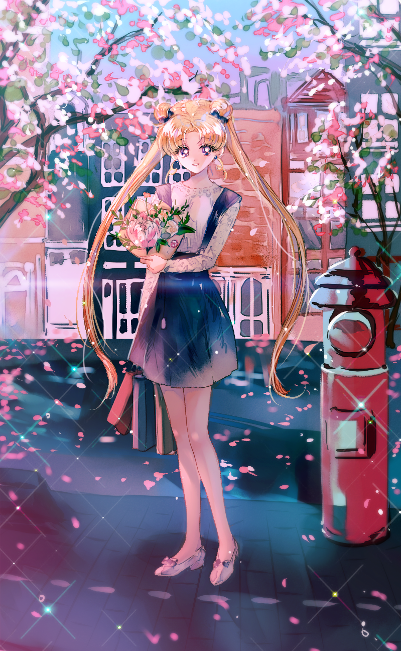 ahma bangs bishoujo_senshi_sailor_moon blonde_hair blue_bow blue_skirt bouquet bow cherry_blossoms commentary_request day double_bun eyebrows_visible_through_hair flower full_body hair_bow highres holding long_hair long_sleeves looking_at_viewer outdoors parted_bangs purple_eyes shirt shoes skirt smile solo standing stone_lantern suspender_skirt suspenders tree tsukino_usagi twintails very_long_hair white_footwear white_shirt