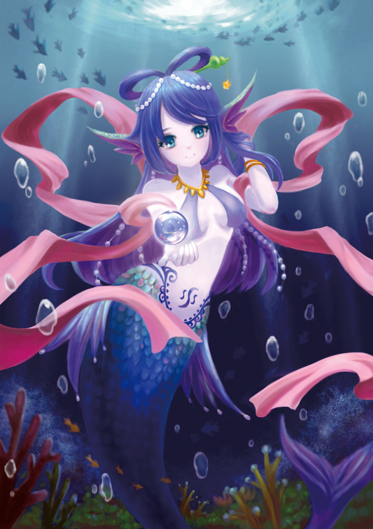 1girl air_bubble aqua_eyes blue_hair breasts bubble coral fins fish head_fins long_hair mermaid monster_girl original solo underwater vikramjoti