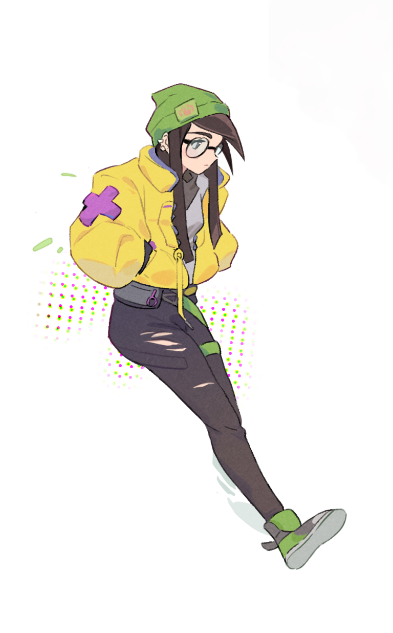 1girl animification beanie black_footwear black_hair black_pants fanny_pack glasses green_hat grey_shirt hair_behind_ear hands_in_pockets hat highres jacket killjoy_(valorant) long_hair pants round_eyewear shirt shoes sneakers solo tianshi_bianjie torn_clothes torn_pants valorant yellow_jacket