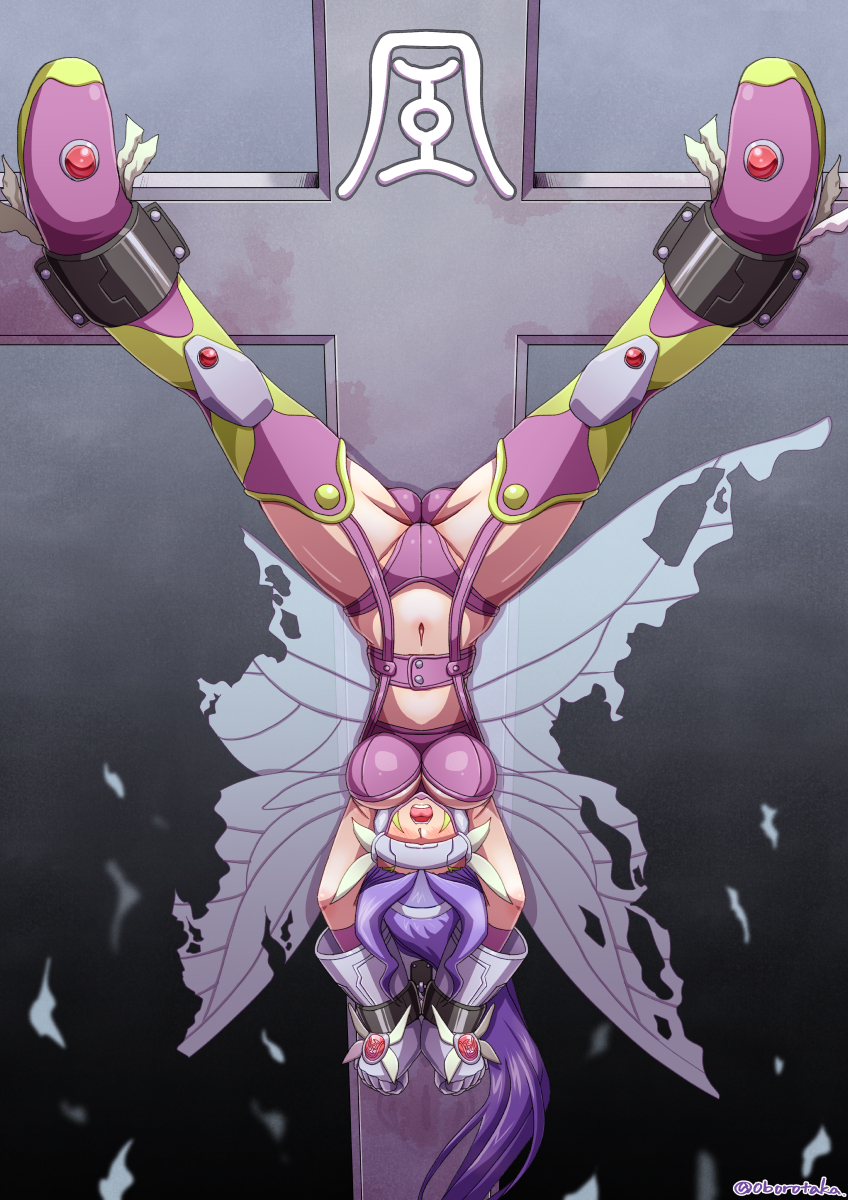 1girl arm_warmers armpits belt bikini boots bound breasts butterfly_hair_ornament butterfly_wings cleavage commentary_request commission covered_eyes cross crucifix crucifixion digimon digimon_(creature) digimon_crest elbow_gloves facial_mark fairimon full_body garter_straps gloves grey_gloves hair_ornament hairband head-mounted_display highres insect_wings large_breasts long_hair navel oborogumo_takamitsu open_mouth purple_belt purple_bikini purple_footwear purple_hair restrained skeb_commission solo spread_legs stationary_restraints stomach swimsuit thigh_boots torn_wings twitter_username upside-down very_long_hair wings