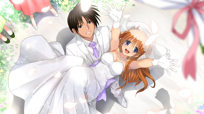 1boy 1girl aged_up aizawa_yuuichi arms_up bare_shoulders bead_necklace beads blue_eyes blush bouquet breasts bridal_gauntlets bridal_veil bride brown_hair carrying cleavage collared_shirt commentary commentary_request commission couple dress earrings flower formal grin groom hair_ornament hair_ribbon happy holding jewelry kanon long_dress long_hair long_sleeves looking_at_viewer medium_breasts mitarashi_kousei necklace necktie orange_hair outdoors pants petals princess_carry ribbon ring rose sawatari_makoto shirt short_hair sidelocks skeb_commission smile spiked_hair standing strapless strapless_dress suit veil very_long_hair wedding wedding_dress wedding_ring white_dress white_pants white_shirt white_suit wind