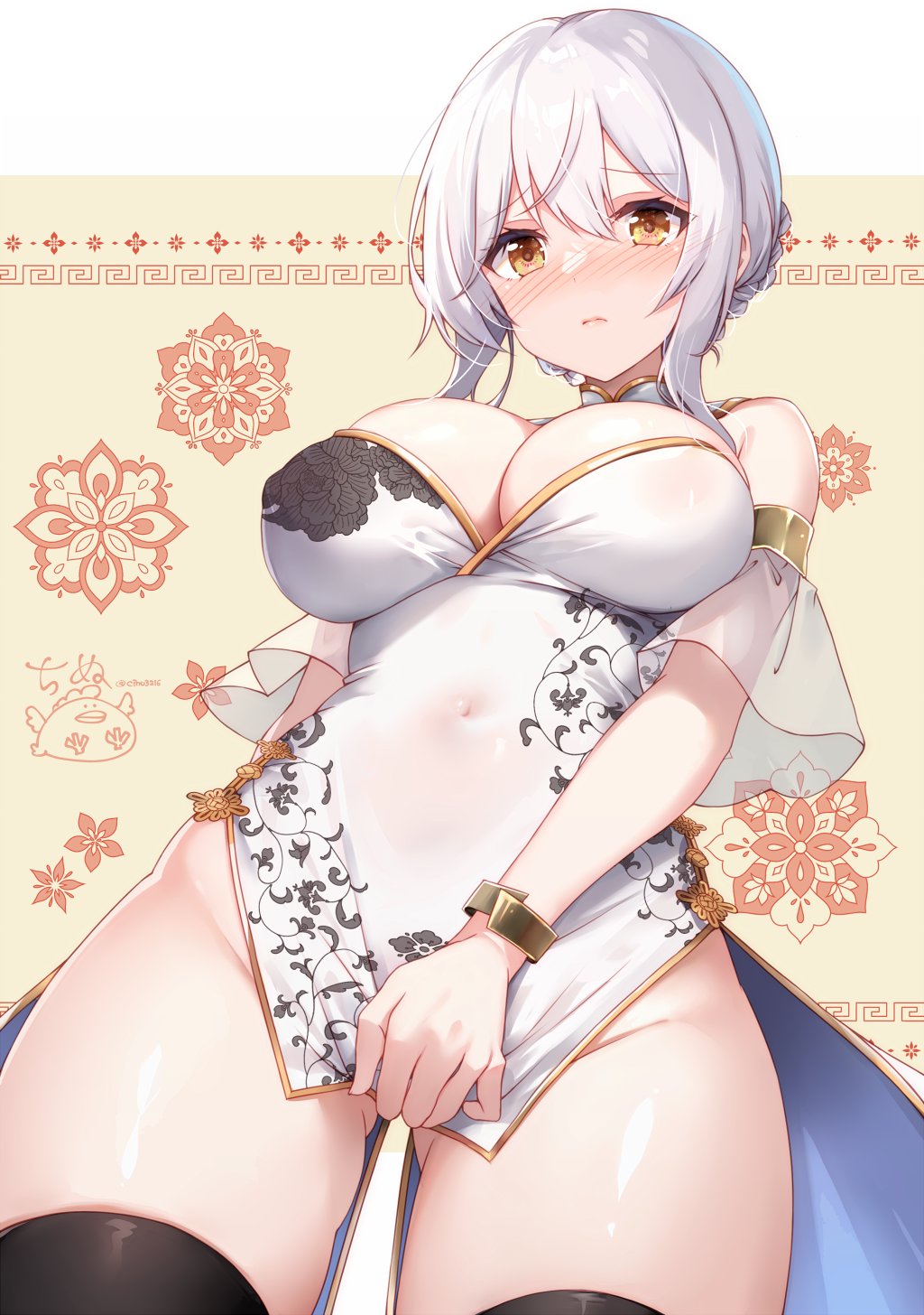 1girl bare_shoulders black_thighhighs blush borrowed_character bracelet breasts china_dress chinese_clothes cleavage_cutout closed_mouth clothing_cutout commentary_request covered_navel covered_nipples dress dress_tug gold_trim highres jewelry kakerayuri large_breasts looking_at_viewer original print_dress sleeveless sleeveless_dress solo thighhighs white_dress white_hair yellow_eyes