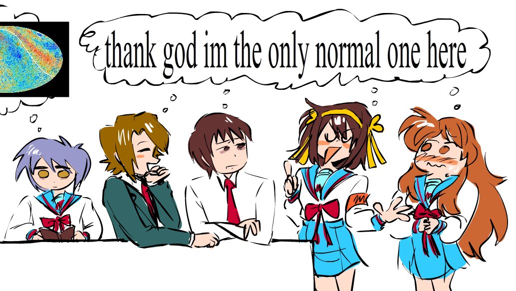 2boys 3girls ^_^ annoyed asahina_mikuru blue_skirt blush bow brown_eyes closed_eyes collared_shirt crossed_arms embarrassed english_text green_jacket jacket koizumi_itsuki kyon long_hair meme multiple_boys multiple_girls nagato_yuki necktie open_mouth reading red_bow red_necktie school_uniform serafuku shirt sketch skirt smile steve_(roshinyukai_rin) suzumiya_haruhi suzumiya_haruhi_no_yuuutsu thinking very_long_hair white_shirt wow_these_people_are_so_weird_thank_god_i'm_the_normal_one_(meme)