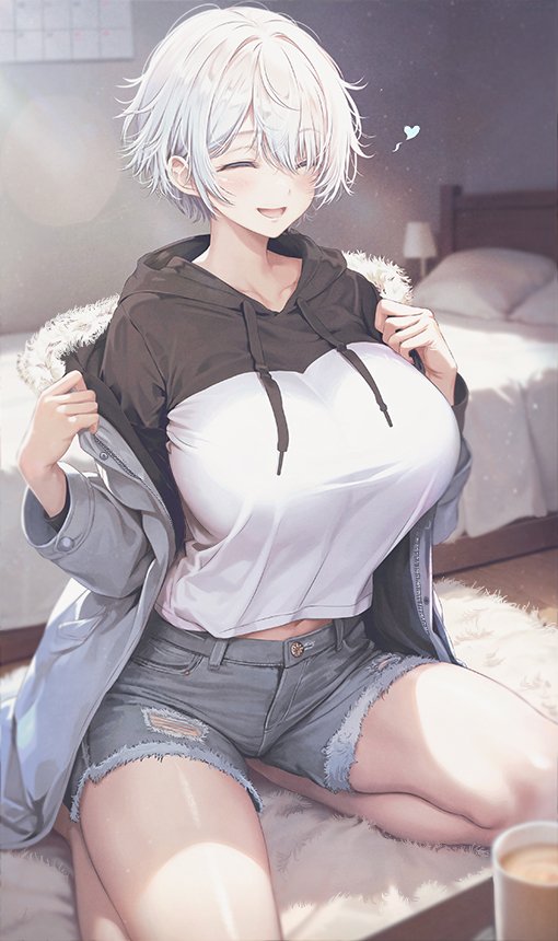 1girl :d barefoot bed bedroom blurry blurry_foreground breasts closed_eyes coat cup cutoffs fur-trimmed_coat fur_trim grey_coat hair_behind_ear heart hood hoodie huge_breasts indoors kurono_mitsuki navel open_mouth original pillow seiza short_hair sitting smile solo thighs white_hair