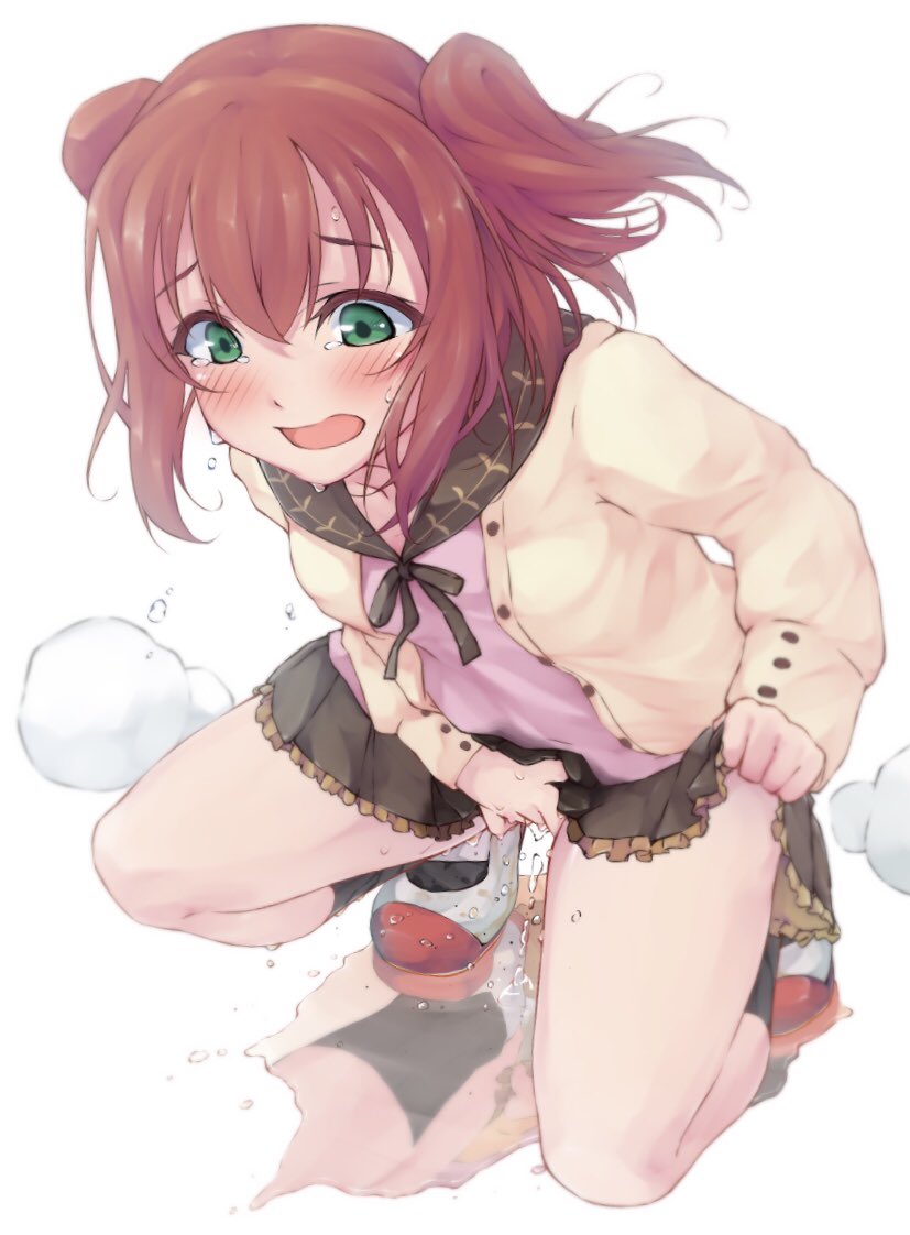 1girl azukilib between_legs black_socks blush breasts brown_ribbon brown_skirt buttons cardigan clothes_lift commentary_request dripping embarrassed frilled_skirt frills green_eyes hand_between_legs have_to_pee kurosawa_ruby lifted_by_self long_sleeves looking_down love_live! love_live!_sunshine!! miniskirt neck_ribbon on_one_knee open_cardigan open_clothes open_mouth pee peeing peeing_self pink_shirt pleated_skirt puddle raised_eyebrows red_hair reflection ribbon school_uniform shirt shoes short_hair sidelocks simple_background skirt skirt_lift small_breasts socks solo steam sweat tears two_side_up wet wet_clothes wet_skirt wet_socks white_background white_footwear wide-eyed yellow_cardigan