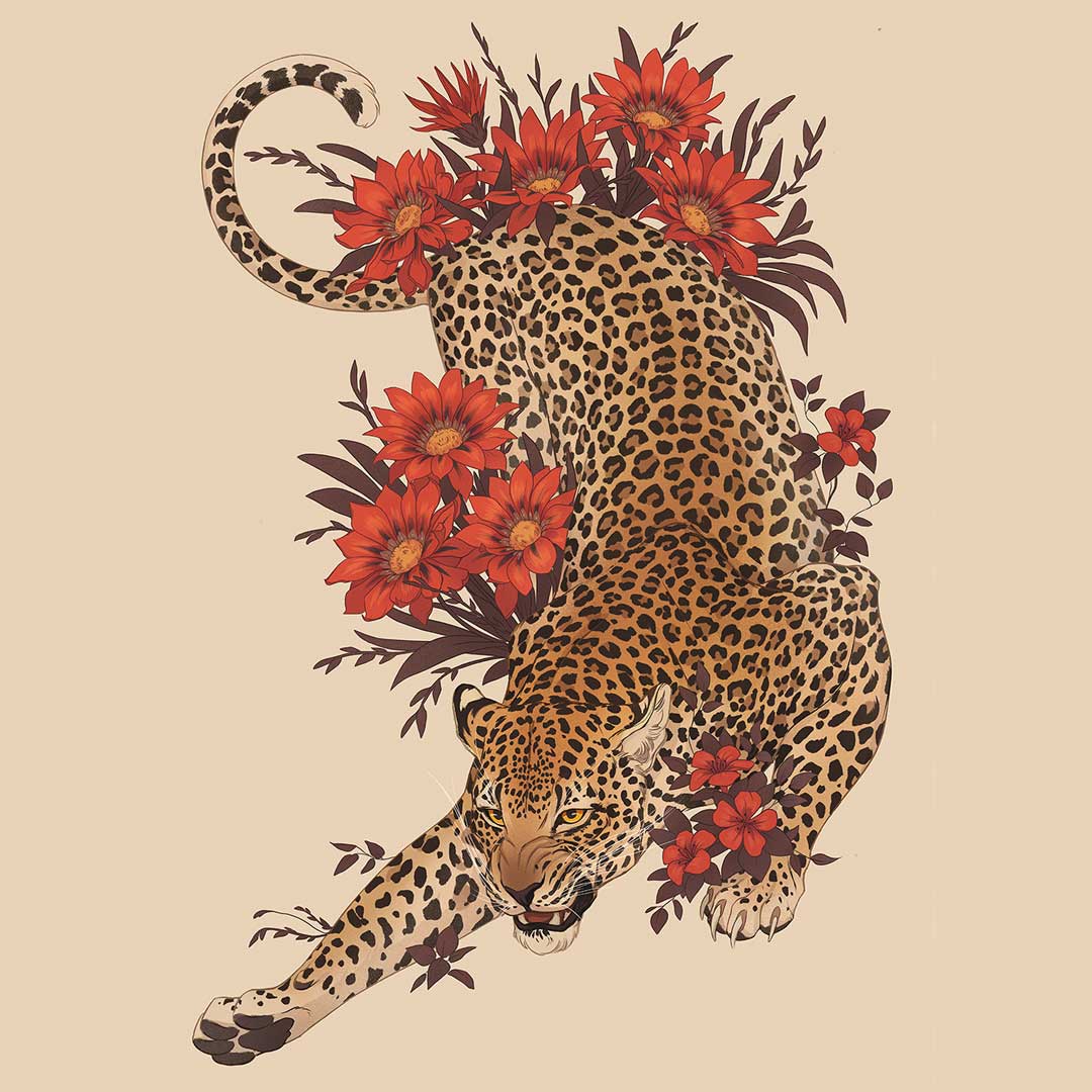 animal animal_focus fangs floating flower leopard no_humans norapotwora open_mouth original pawpads simple_background top-down_bottom-up